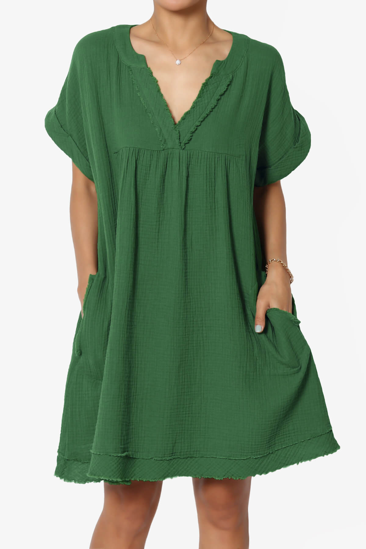 Milly Gauze V-Neck Babydoll Shift Mini Dress DARK GREEN_1