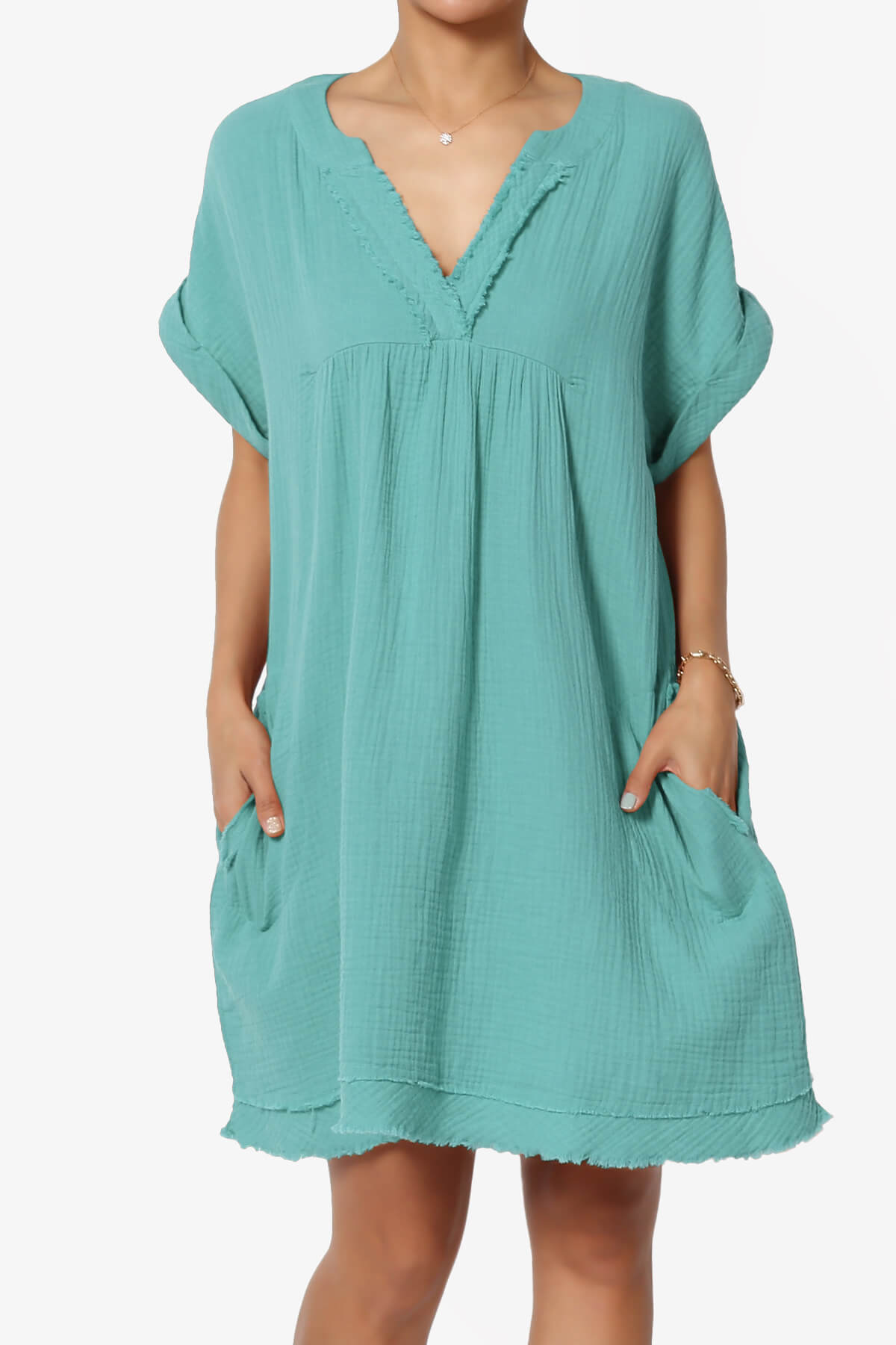 Milly Gauze V-Neck Babydoll Shift Mini Dress DUSTY TEAL_1