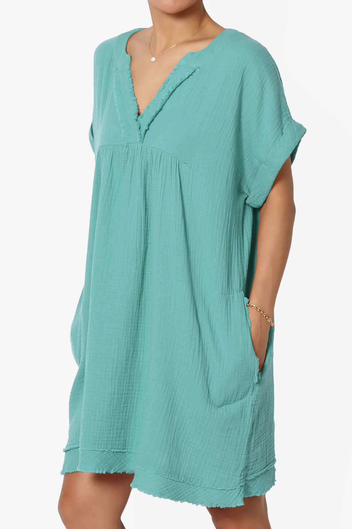 Milly Gauze V-Neck Babydoll Shift Mini Dress DUSTY TEAL_3