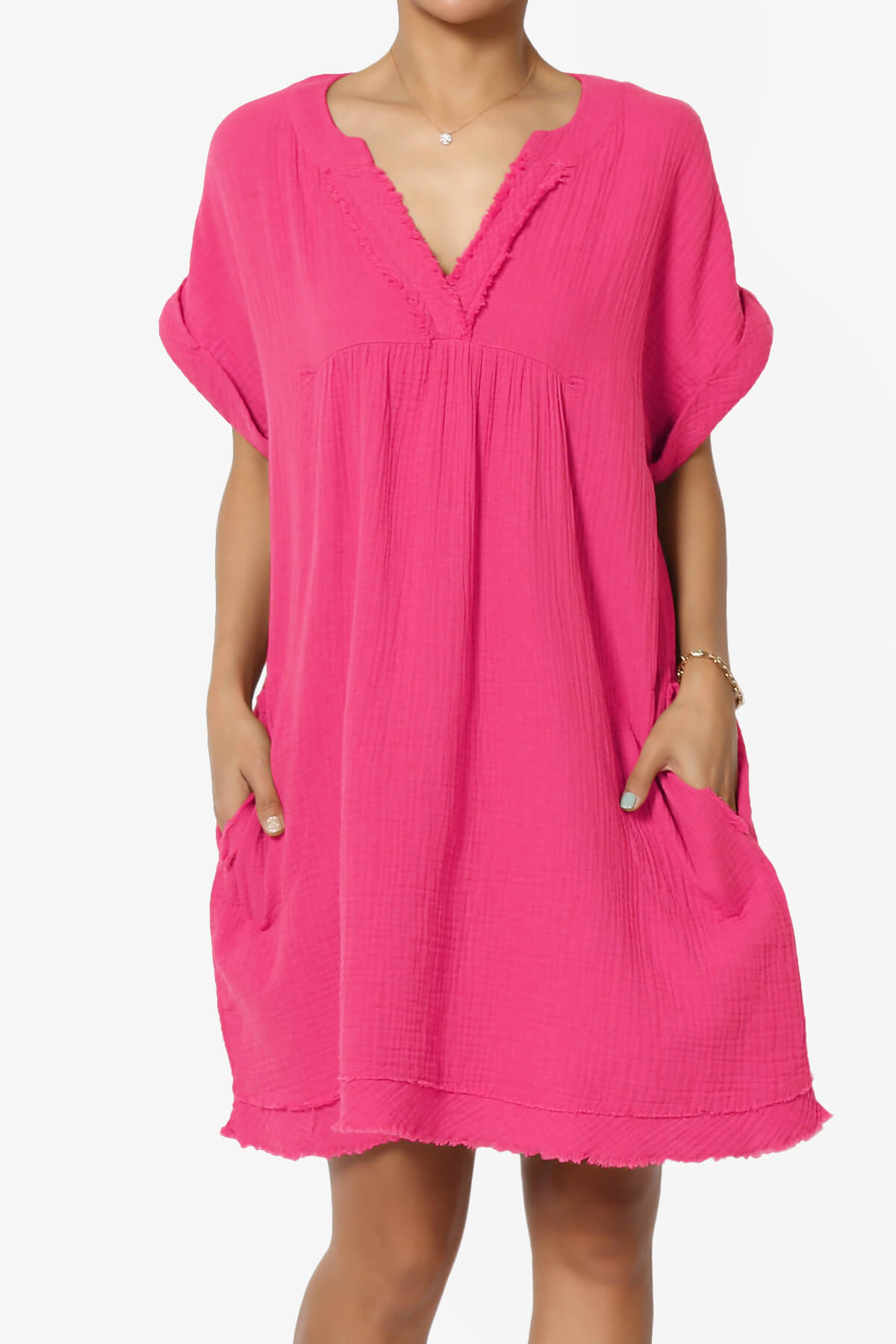 Milly Gauze V-Neck Babydoll Shift Mini Dress FUCHSIA_1