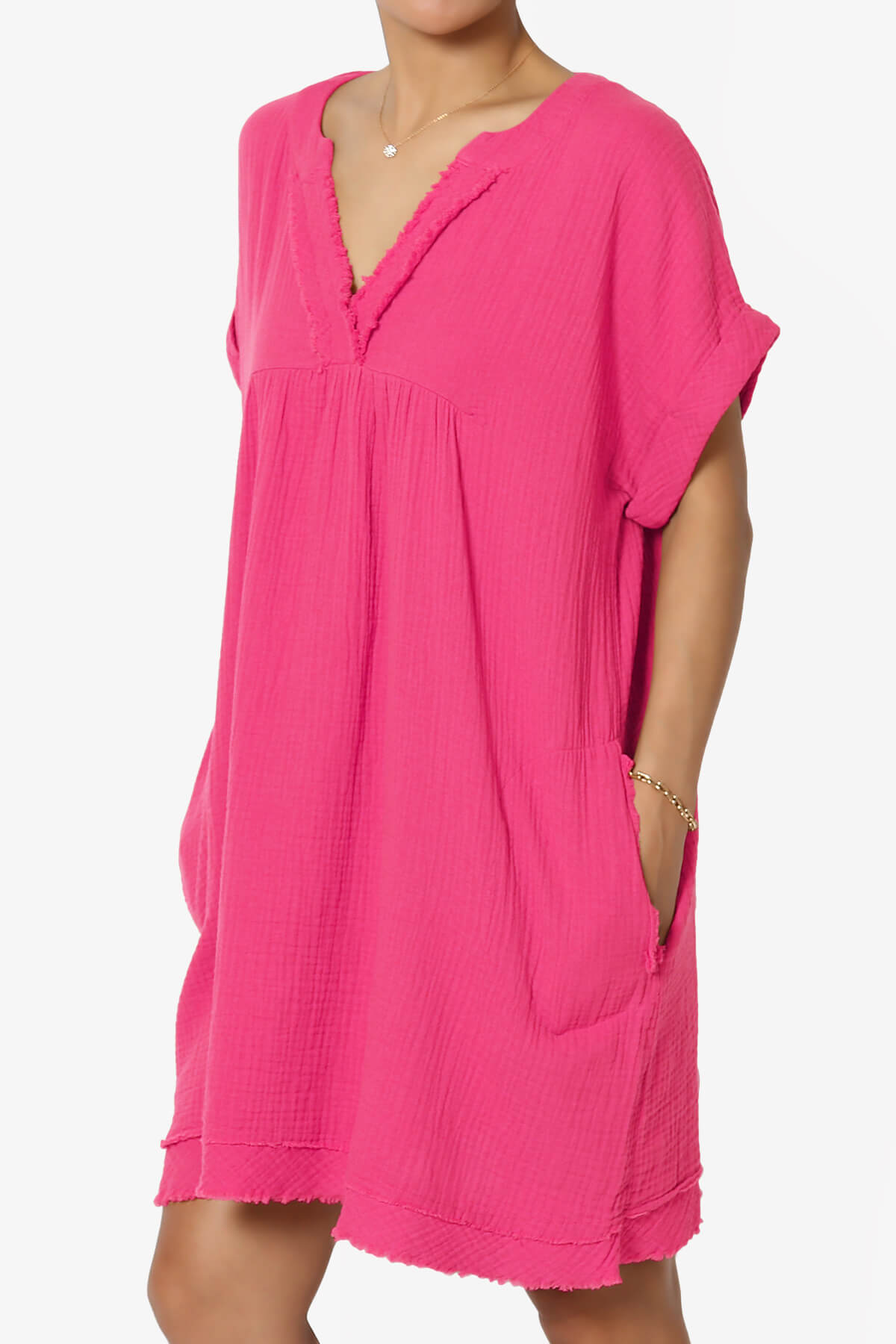 Milly Gauze V-Neck Babydoll Shift Mini Dress FUCHSIA_3