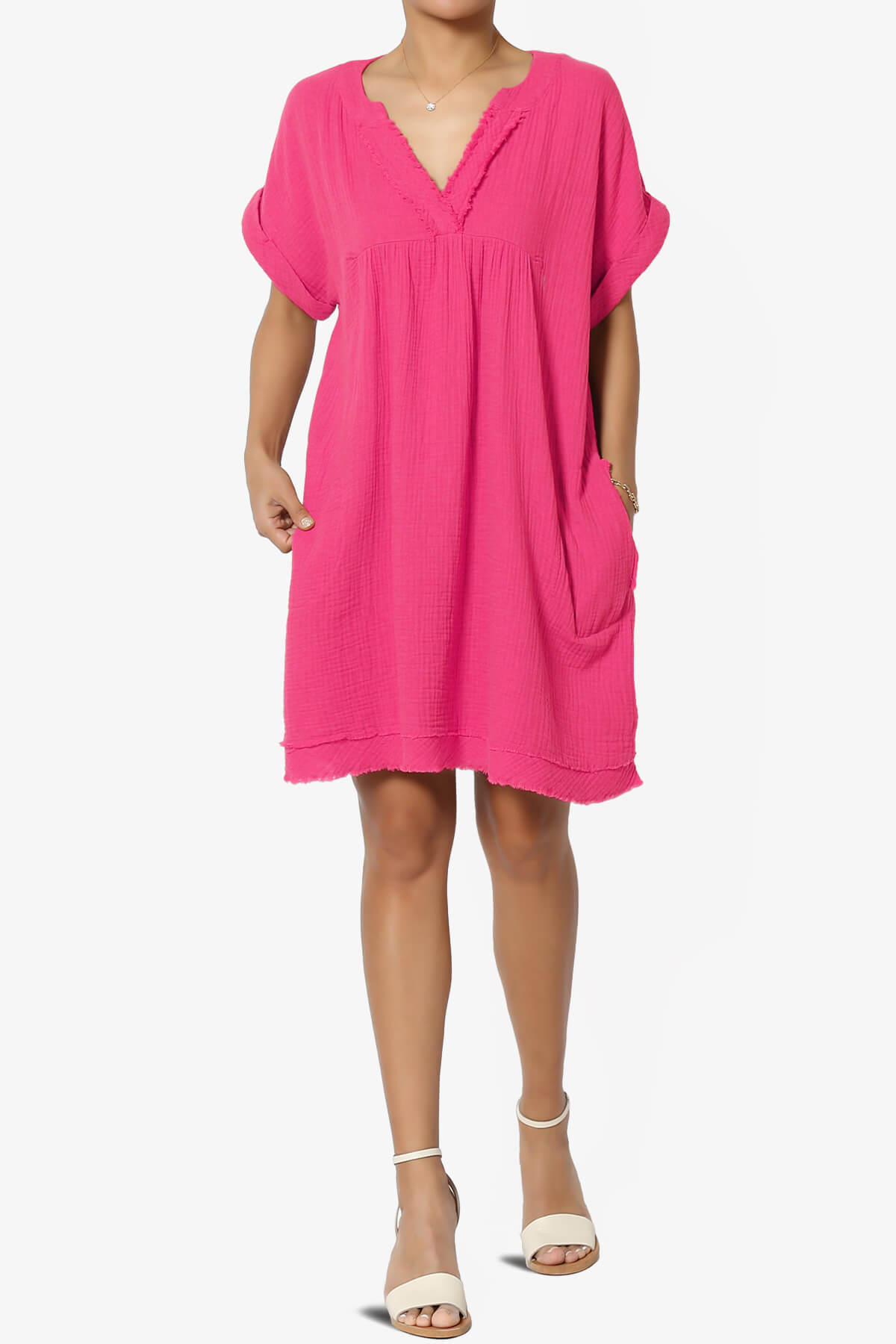 Milly Gauze V-Neck Babydoll Shift Mini Dress FUCHSIA_6