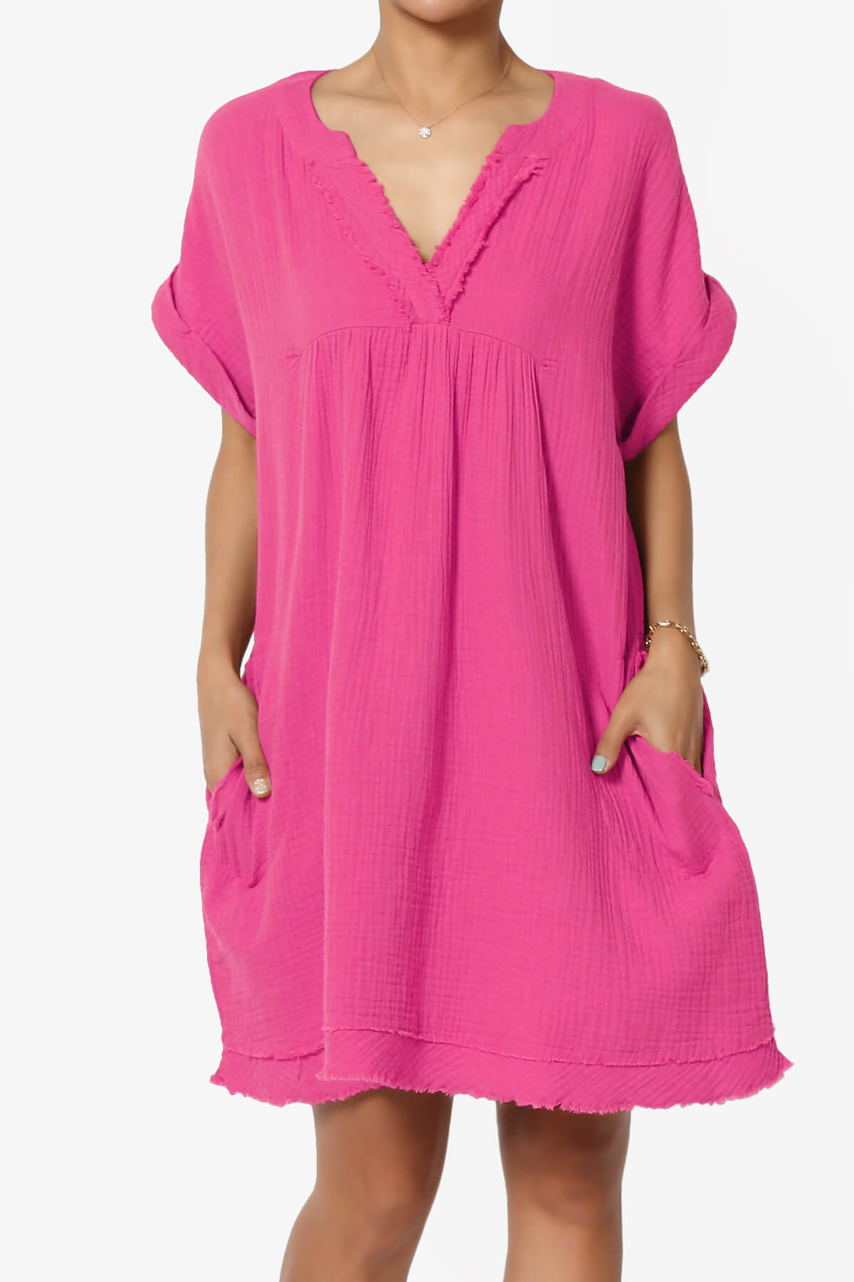 Milly Gauze V-Neck Babydoll Shift Mini Dress HOT PINK_1