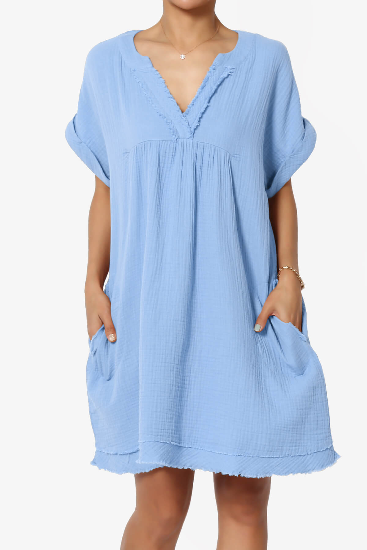 Milly Gauze V-Neck Babydoll Shift Mini Dress LIGHT BLUE_1