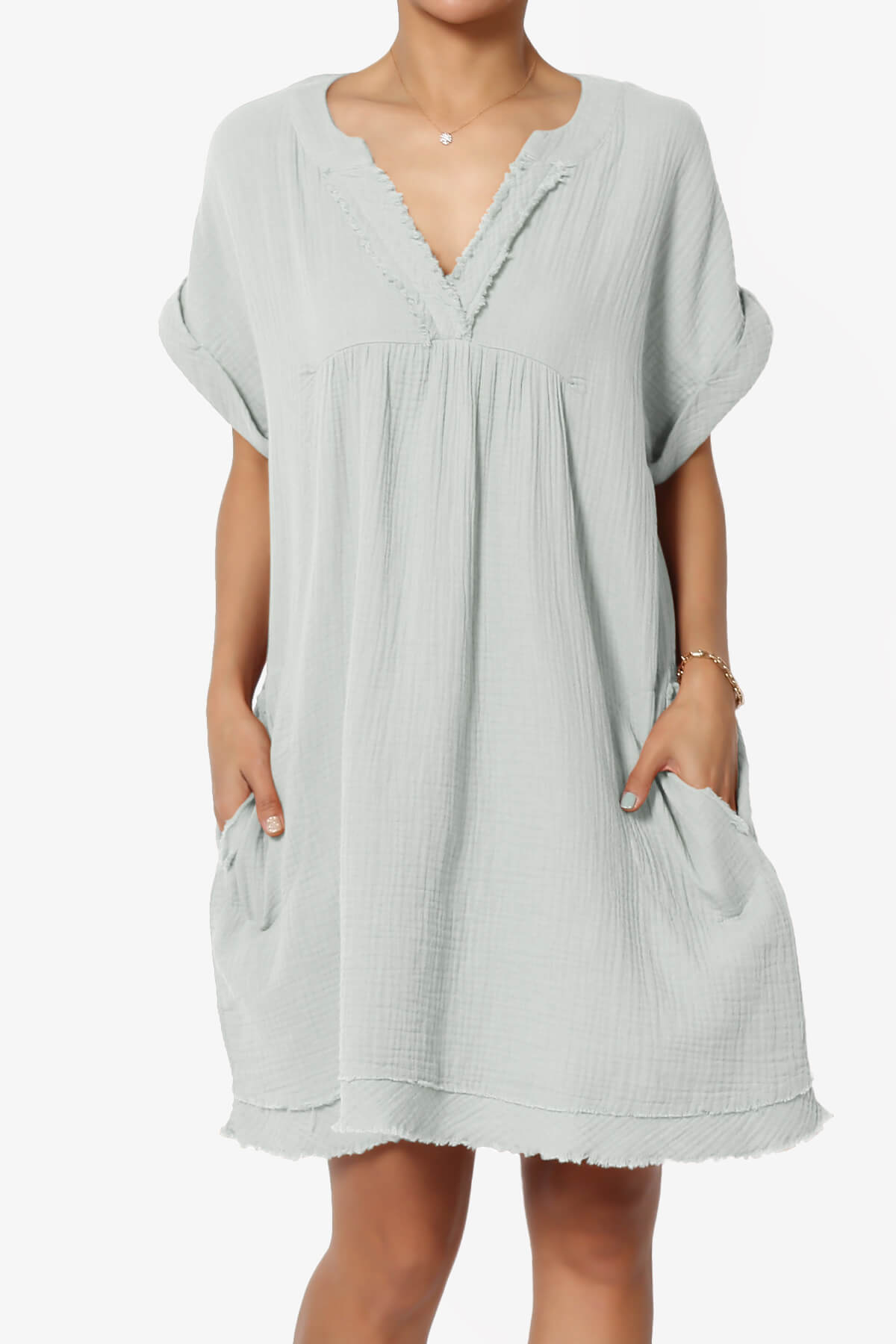 Milly Gauze V-Neck Babydoll Shift Mini Dress LT CEMENT_1