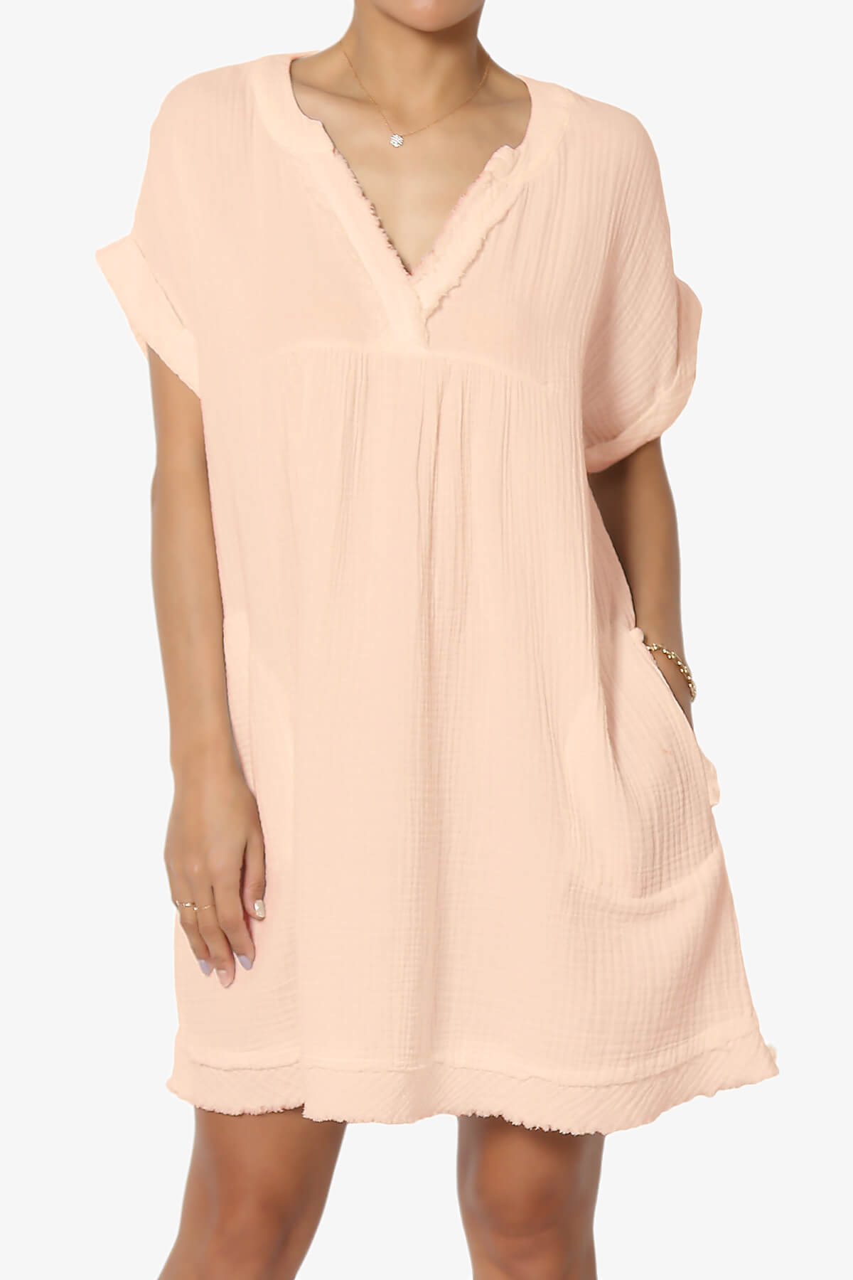 Milly Gauze V-Neck Babydoll Shift Mini Dress LT PEACH_1