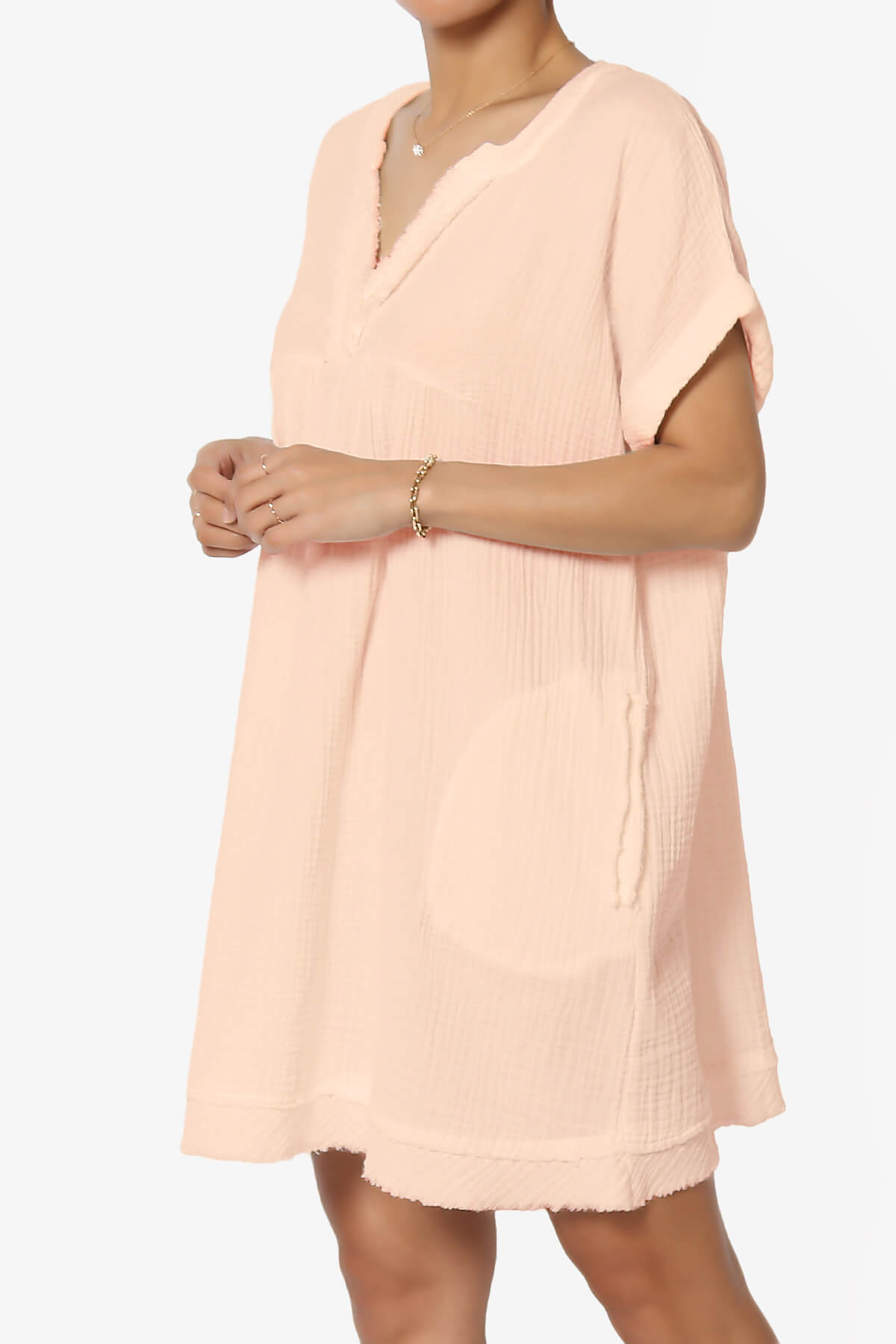 Milly Gauze V-Neck Babydoll Shift Mini Dress LT PEACH_3