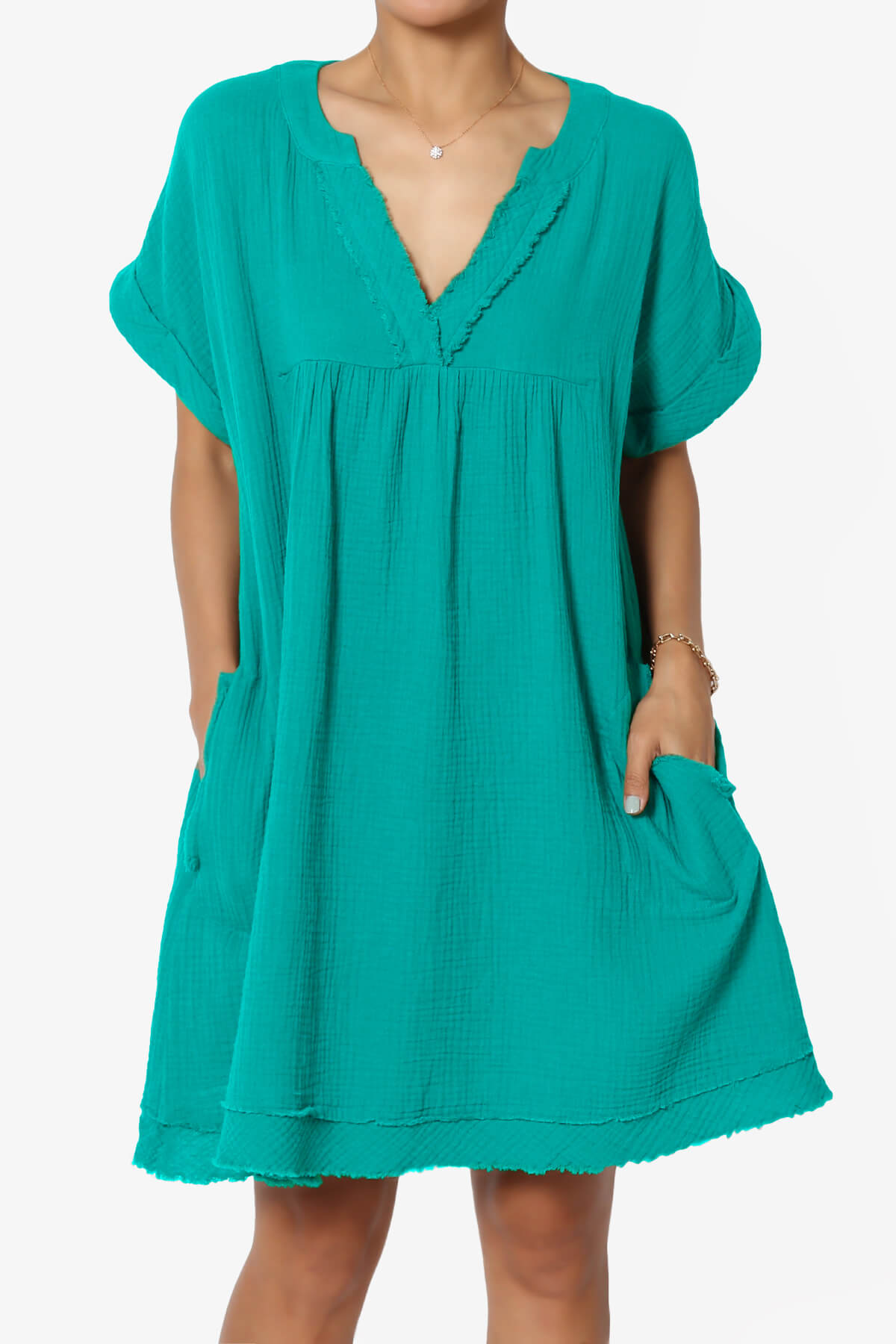 Milly Gauze V-Neck Babydoll Shift Mini Dress LT TEAL_1