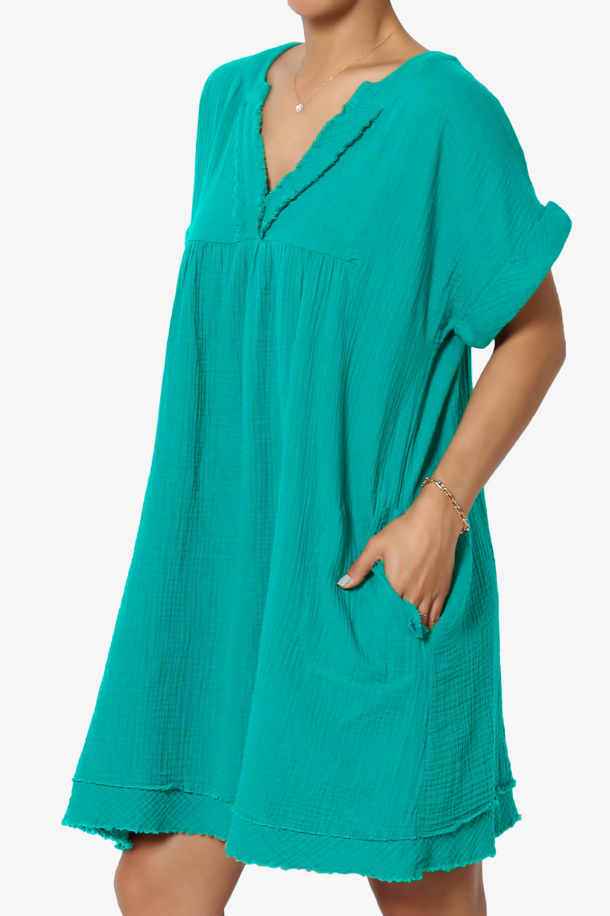 Milly Gauze V-Neck Babydoll Shift Mini Dress LT TEAL_3