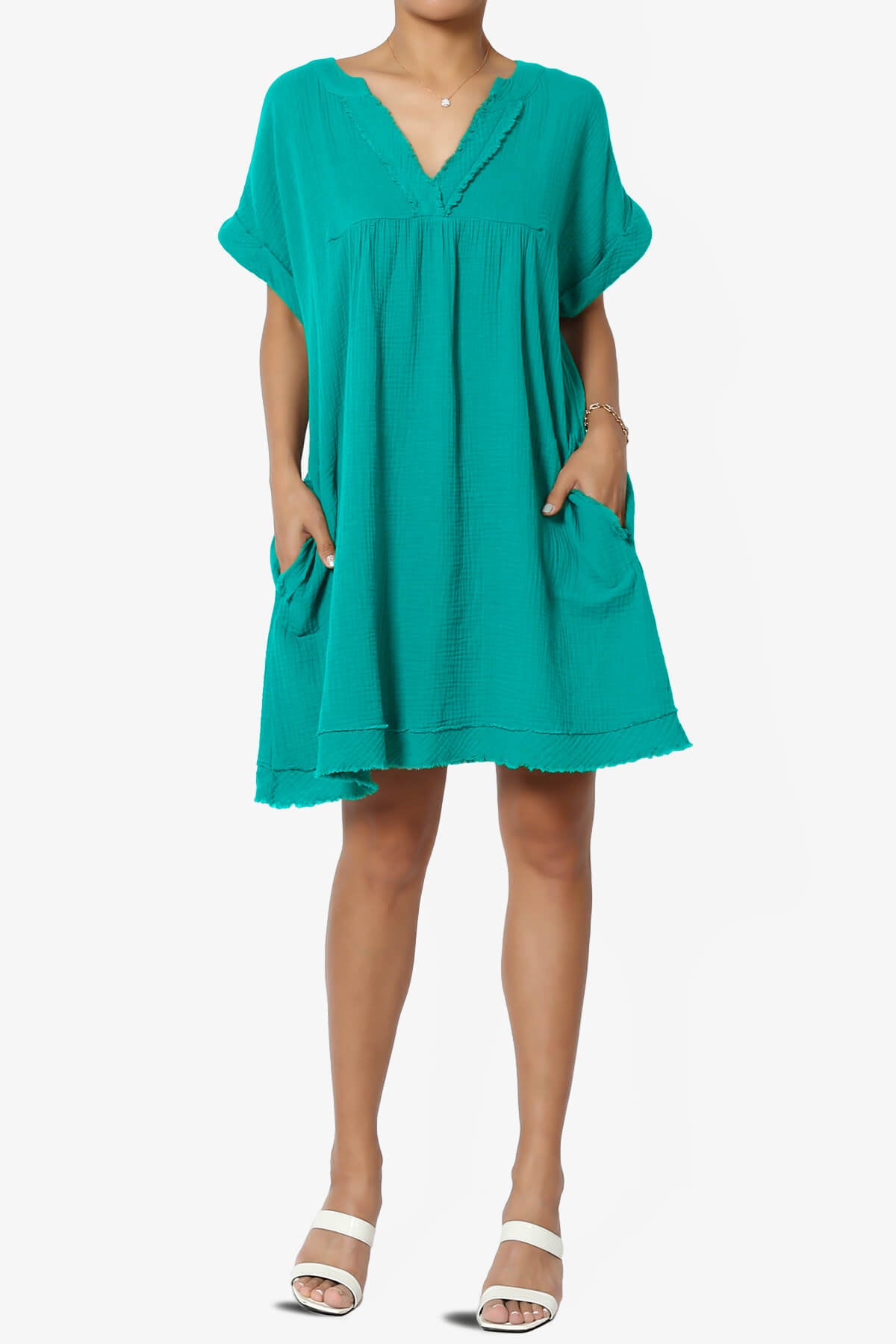 Milly Gauze V-Neck Babydoll Shift Mini Dress LT TEAL_6