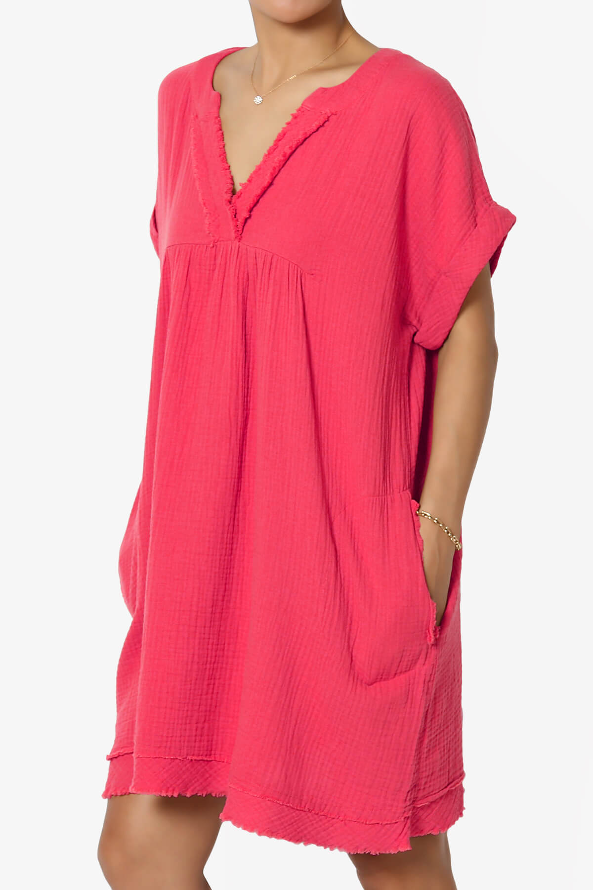 Milly Gauze V-Neck Babydoll Shift Mini Dress MAGENTA_3