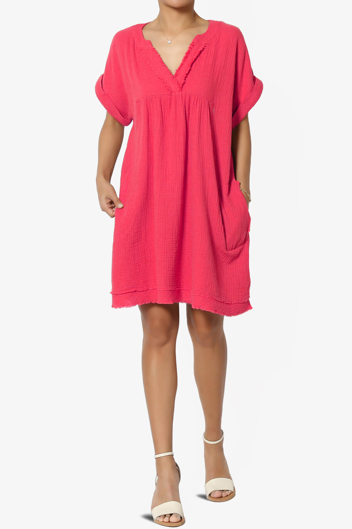 Milly Gauze V-Neck Babydoll Shift Mini Dress MAGENTA_6