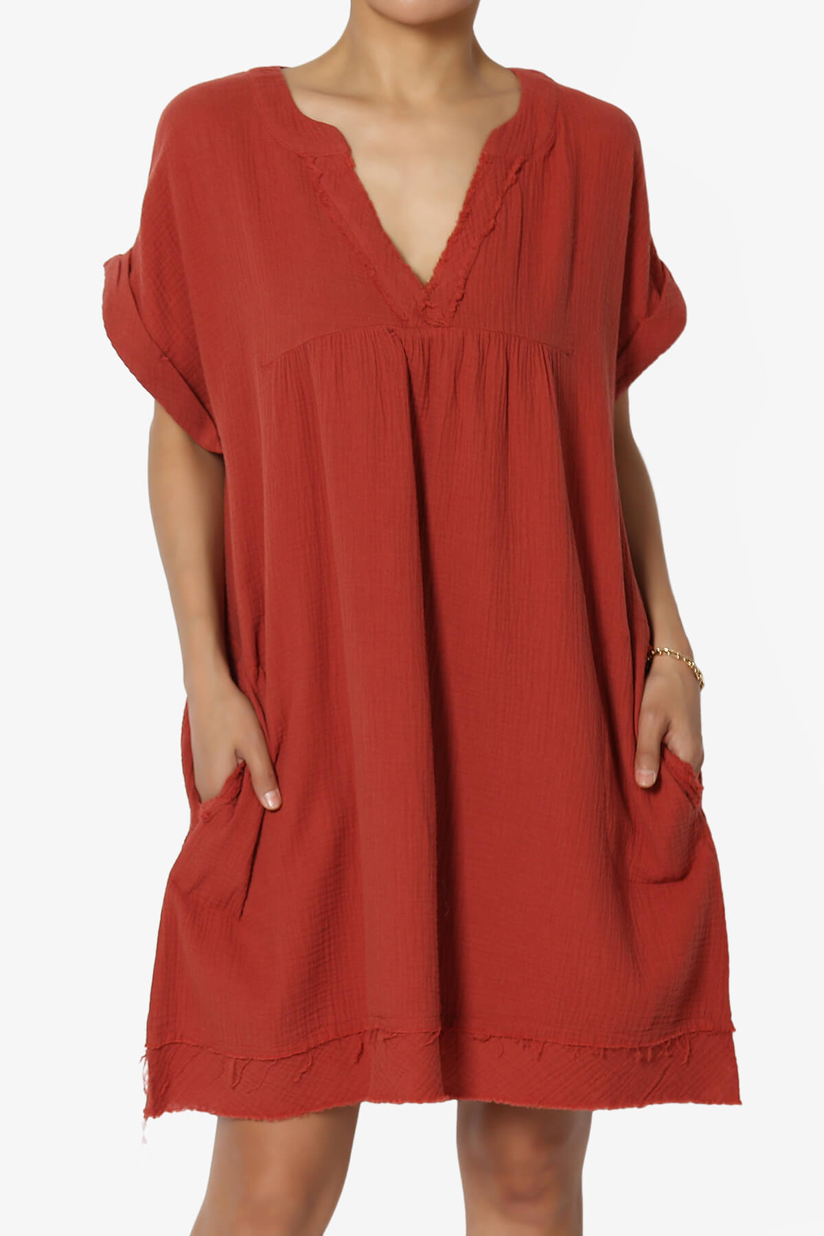 Milly Gauze V-Neck Babydoll Shift Mini Dress RUST_1