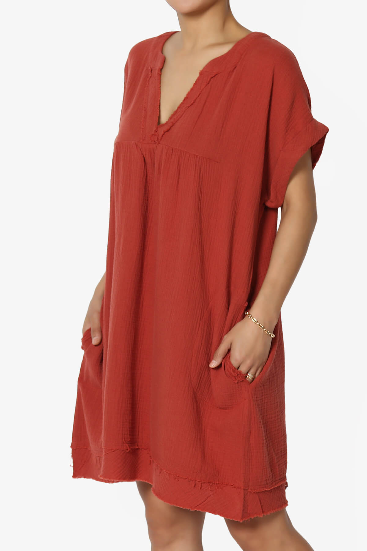 Milly Gauze V-Neck Babydoll Shift Mini Dress RUST_3