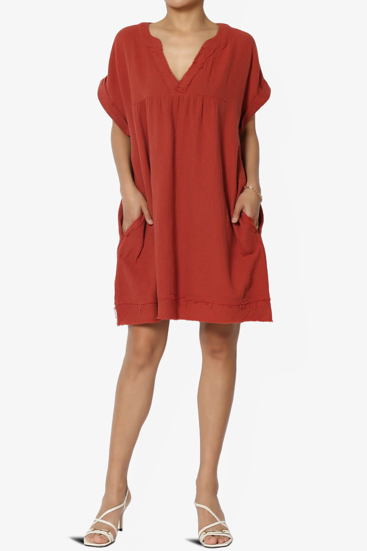 Milly Gauze V-Neck Babydoll Shift Mini Dress RUST_6