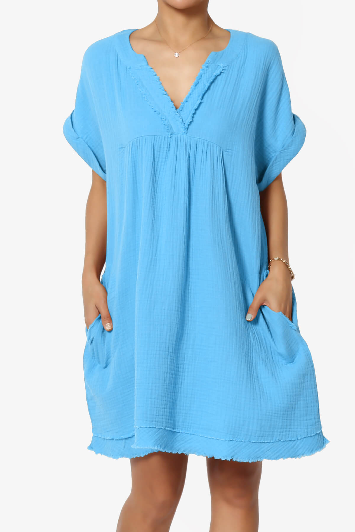 Milly Gauze V-Neck Babydoll Shift Mini Dress SKY_1