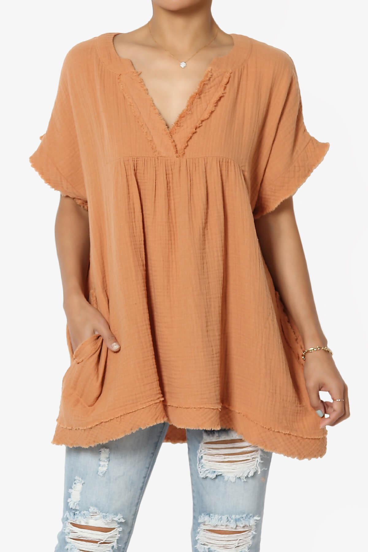 Milly Gauze V-Neck Babydoll Shirt Tunic APRICOT_1