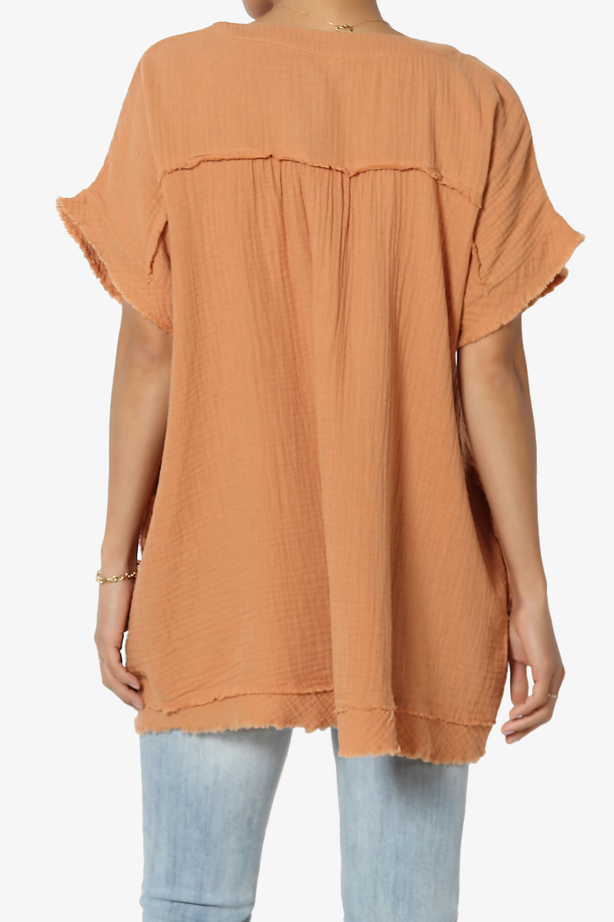 Milly Gauze V-Neck Babydoll Shirt Tunic APRICOT_2