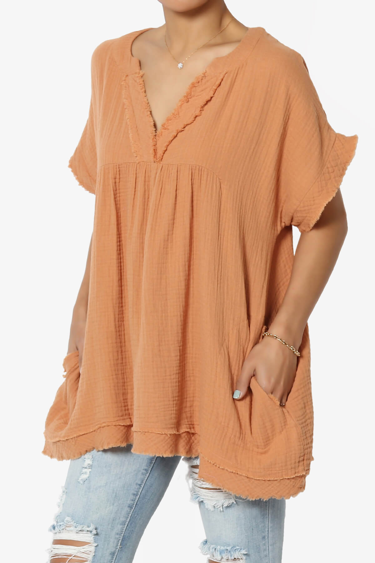 Milly Gauze V-Neck Babydoll Shirt Tunic APRICOT_3