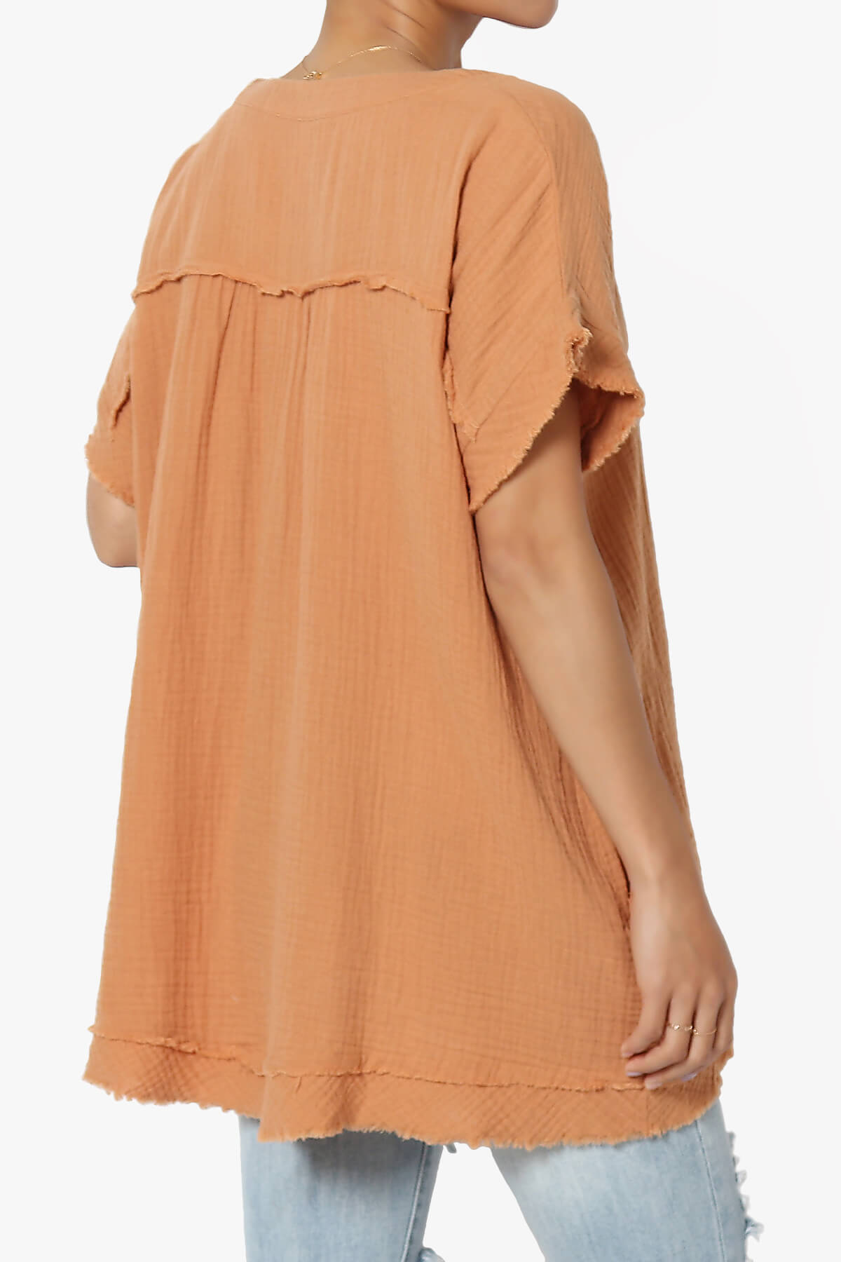 Milly Gauze V-Neck Babydoll Shirt Tunic APRICOT_4