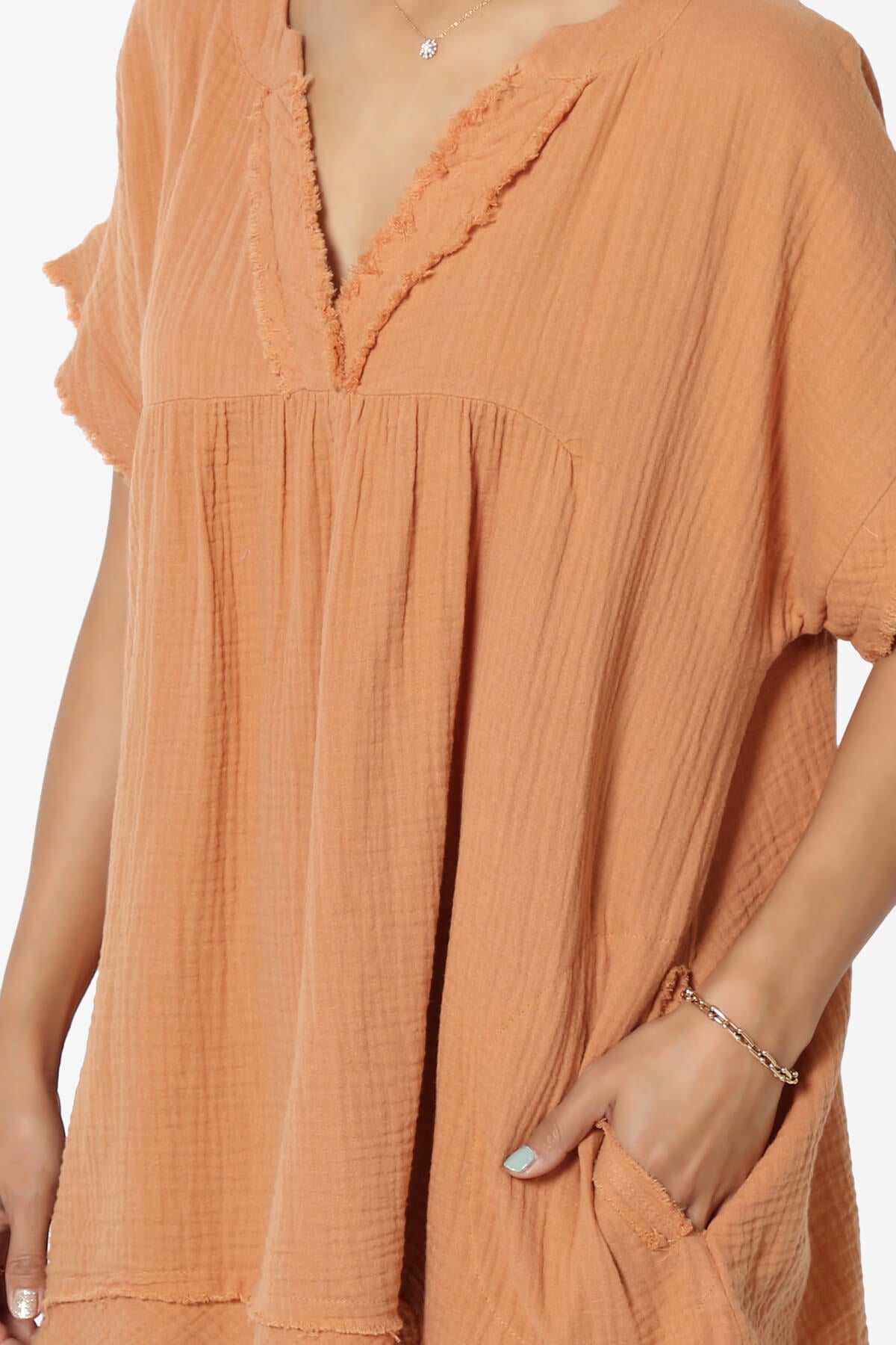 Milly Gauze V-Neck Babydoll Shirt Tunic APRICOT_5