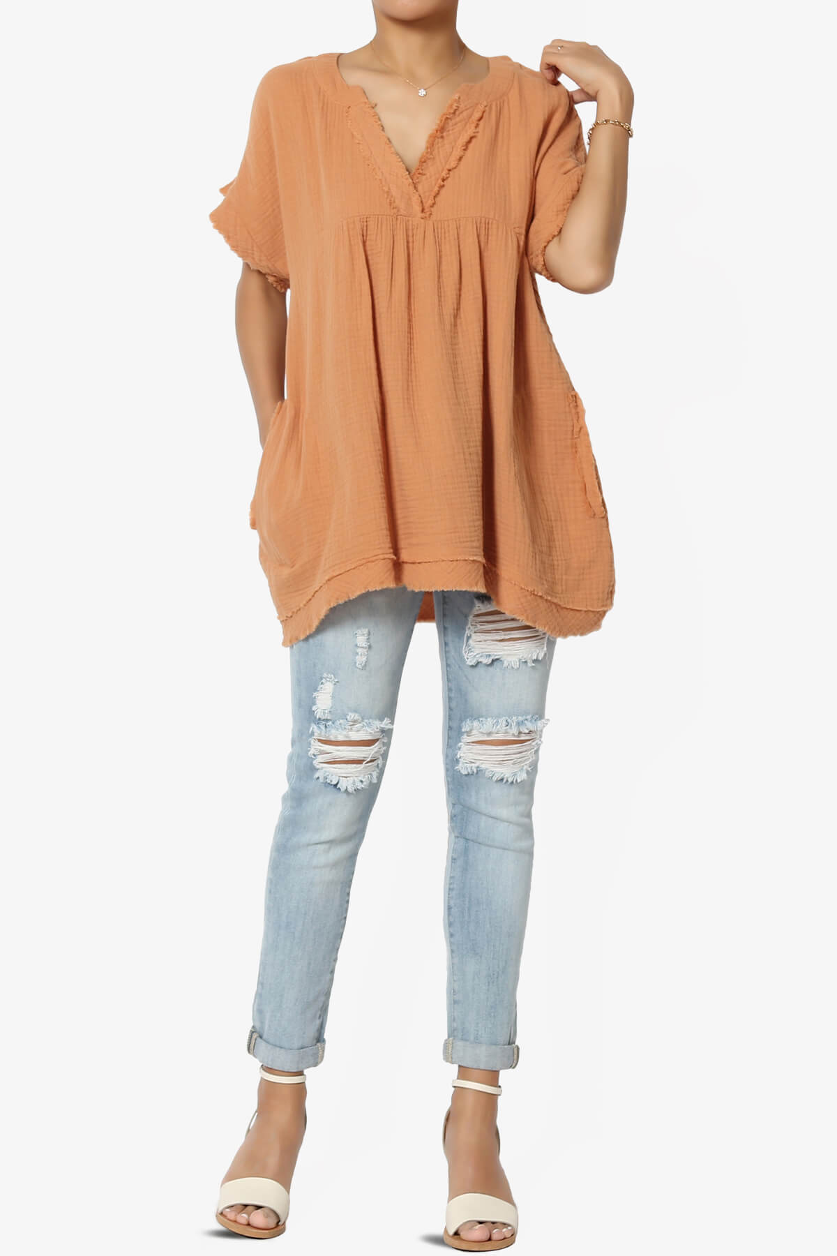 Milly Gauze V-Neck Babydoll Shirt Tunic APRICOT_6