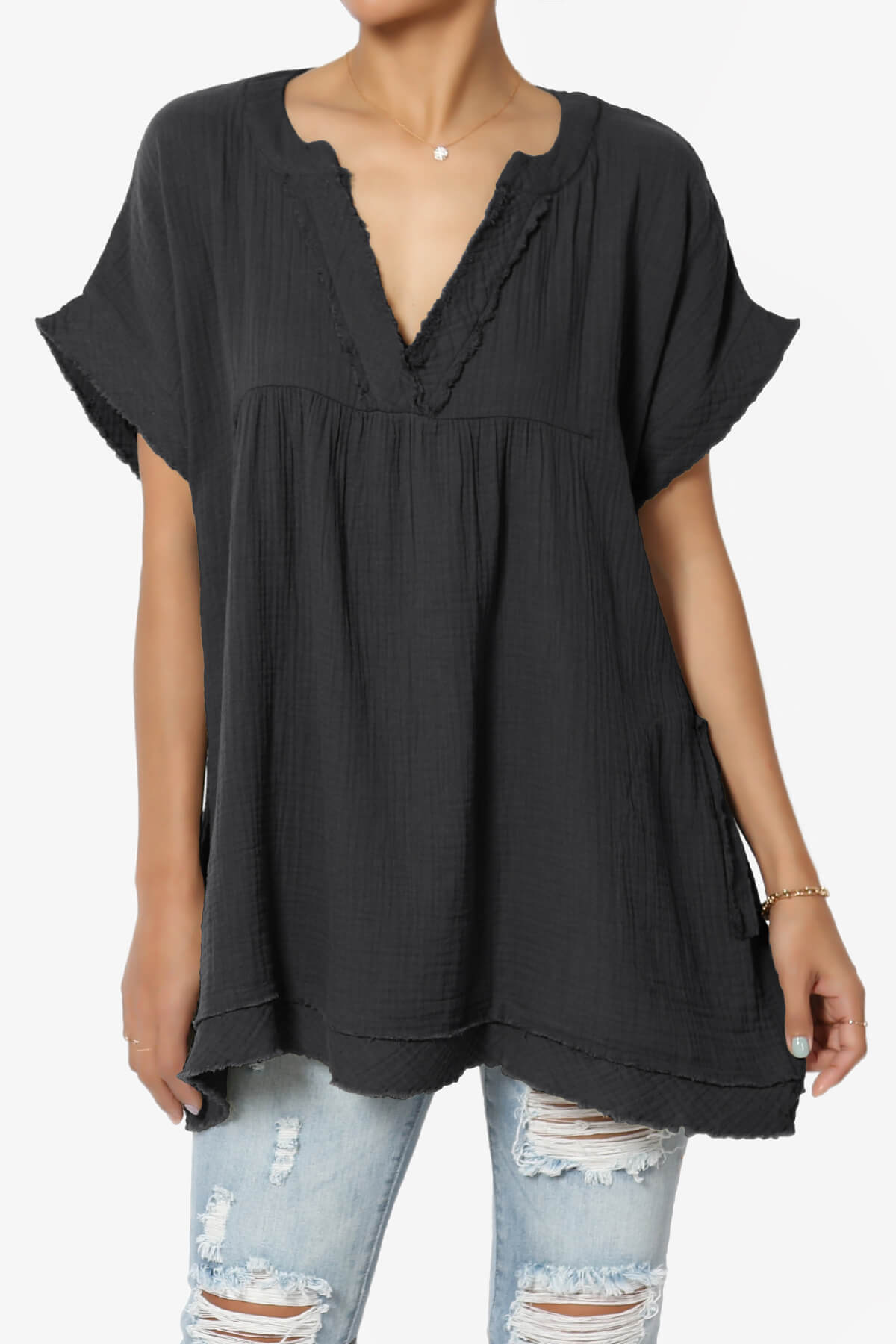 Milly Gauze V-Neck Babydoll Shirt Tunic BLACK_1