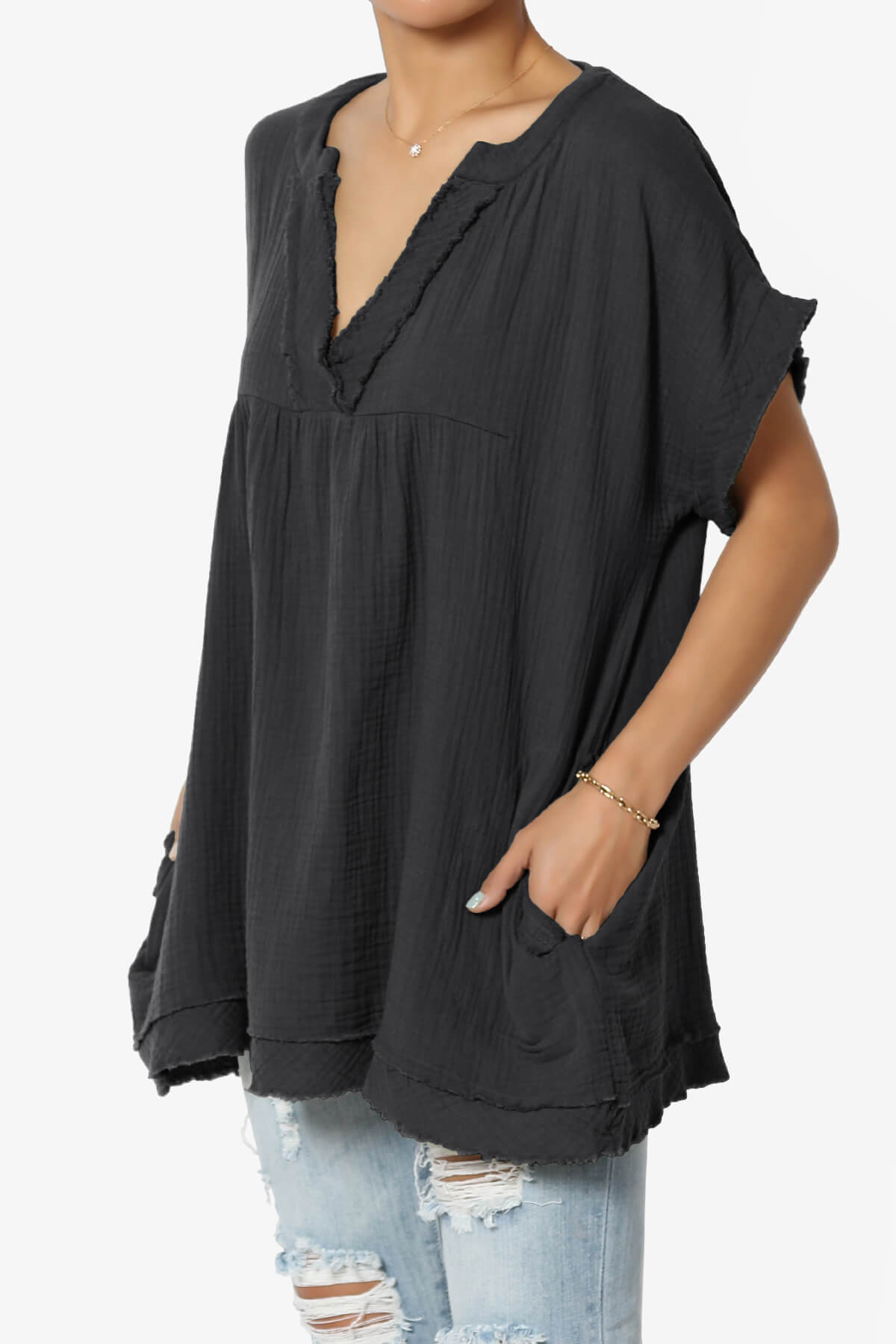 Milly Gauze V-Neck Babydoll Shirt Tunic BLACK_3