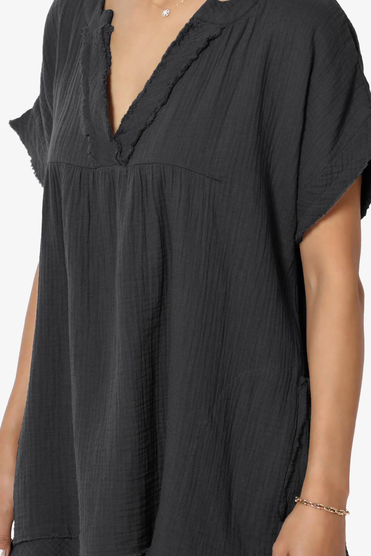 Milly Gauze V-Neck Babydoll Shirt Tunic BLACK_5