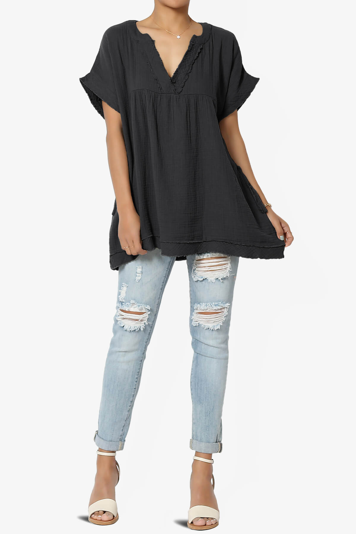 Milly Gauze V-Neck Babydoll Shirt Tunic BLACK_6
