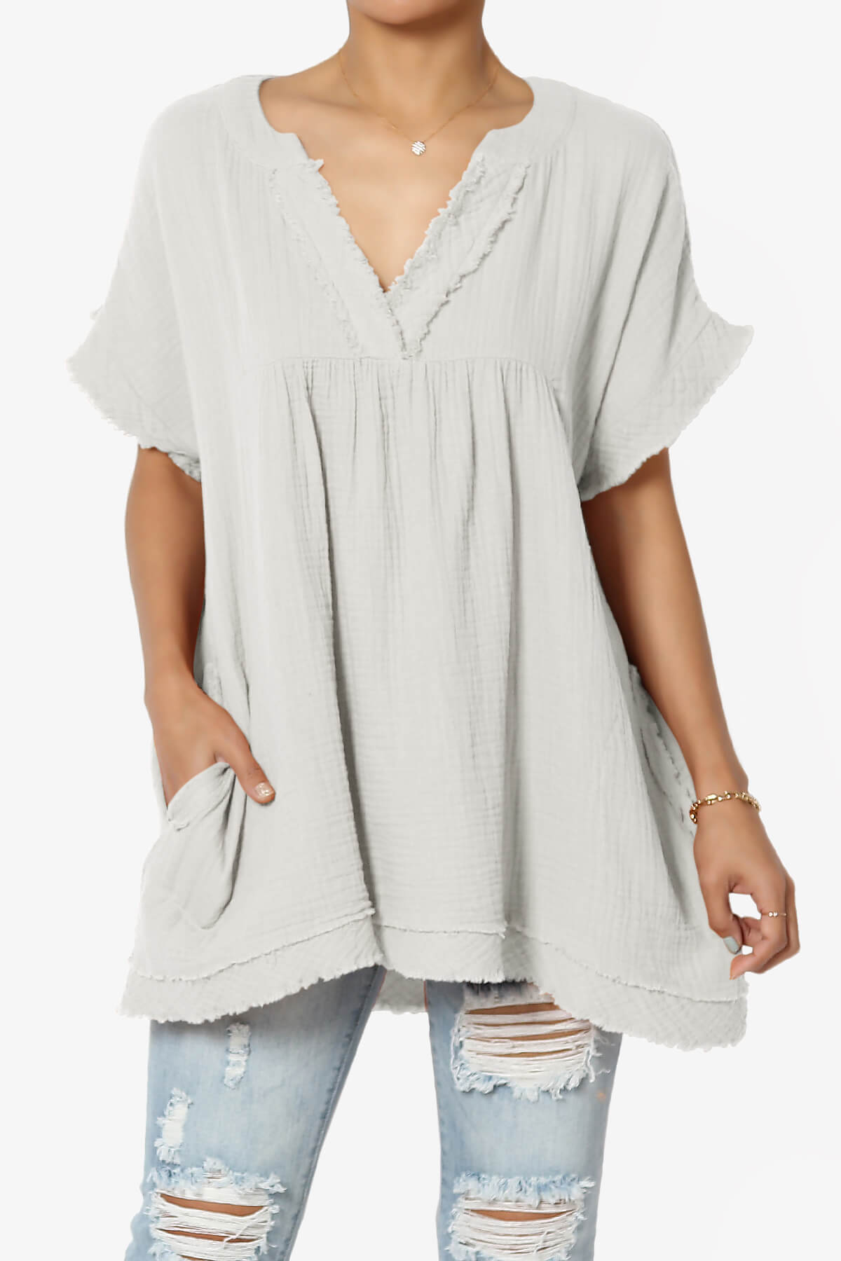 Milly Gauze V-Neck Babydoll Shirt Tunic BONE_1