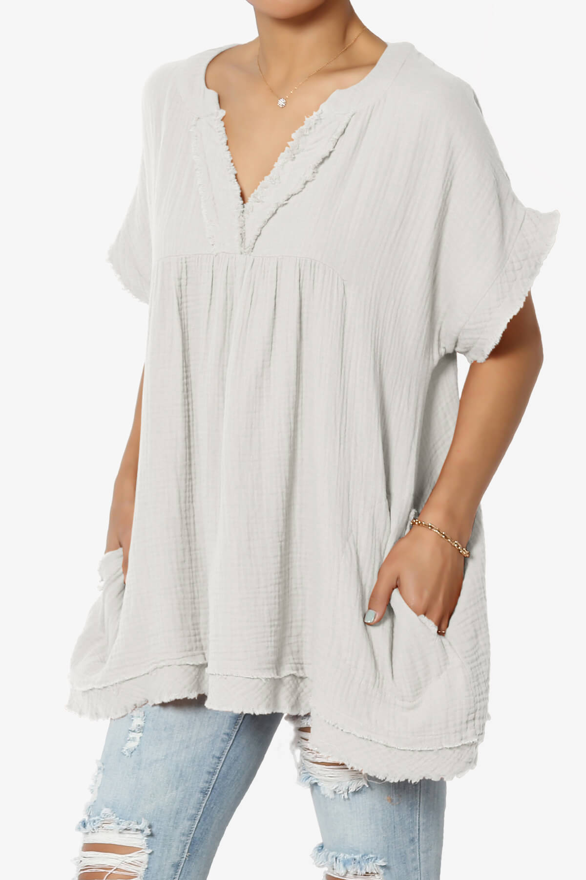 Milly Gauze V-Neck Babydoll Shirt Tunic BONE_3
