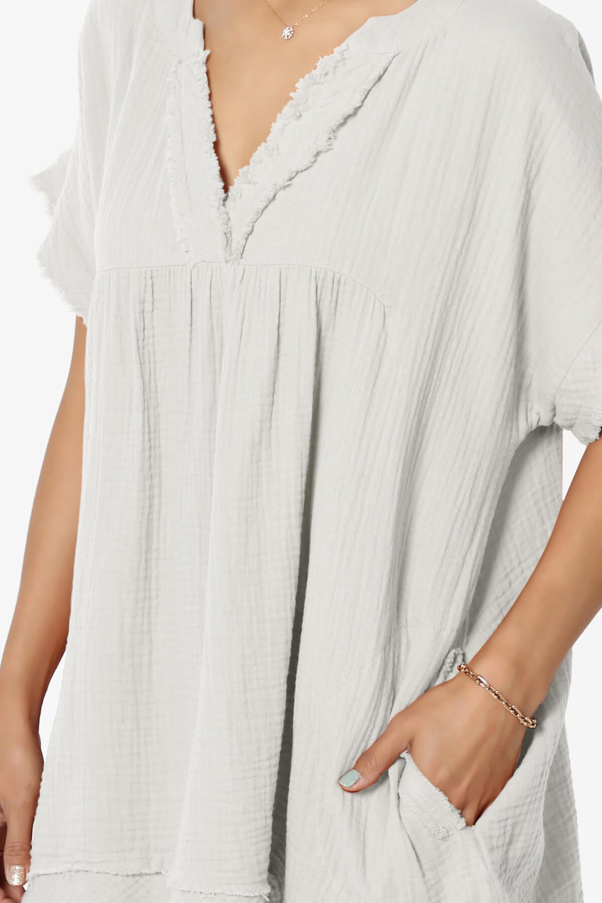 Milly Gauze V-Neck Babydoll Shirt Tunic BONE_5