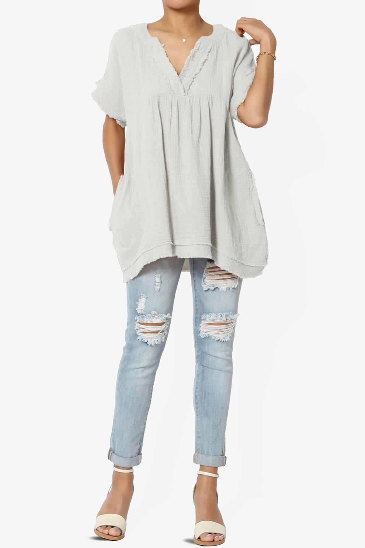 Milly Gauze V-Neck Babydoll Shirt Tunic BONE_6