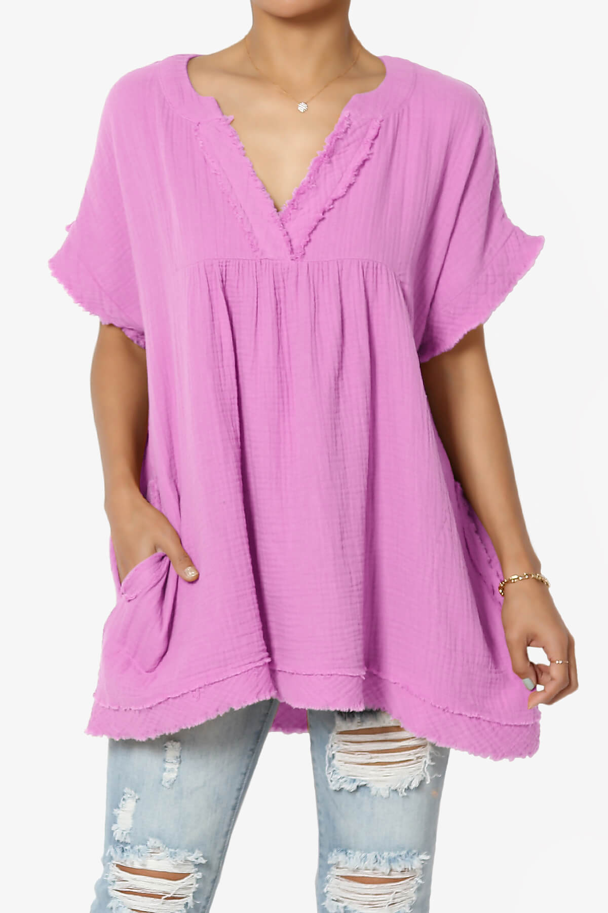 Milly Gauze V-Neck Babydoll Shirt Tunic BRIGHT MAUVE_1