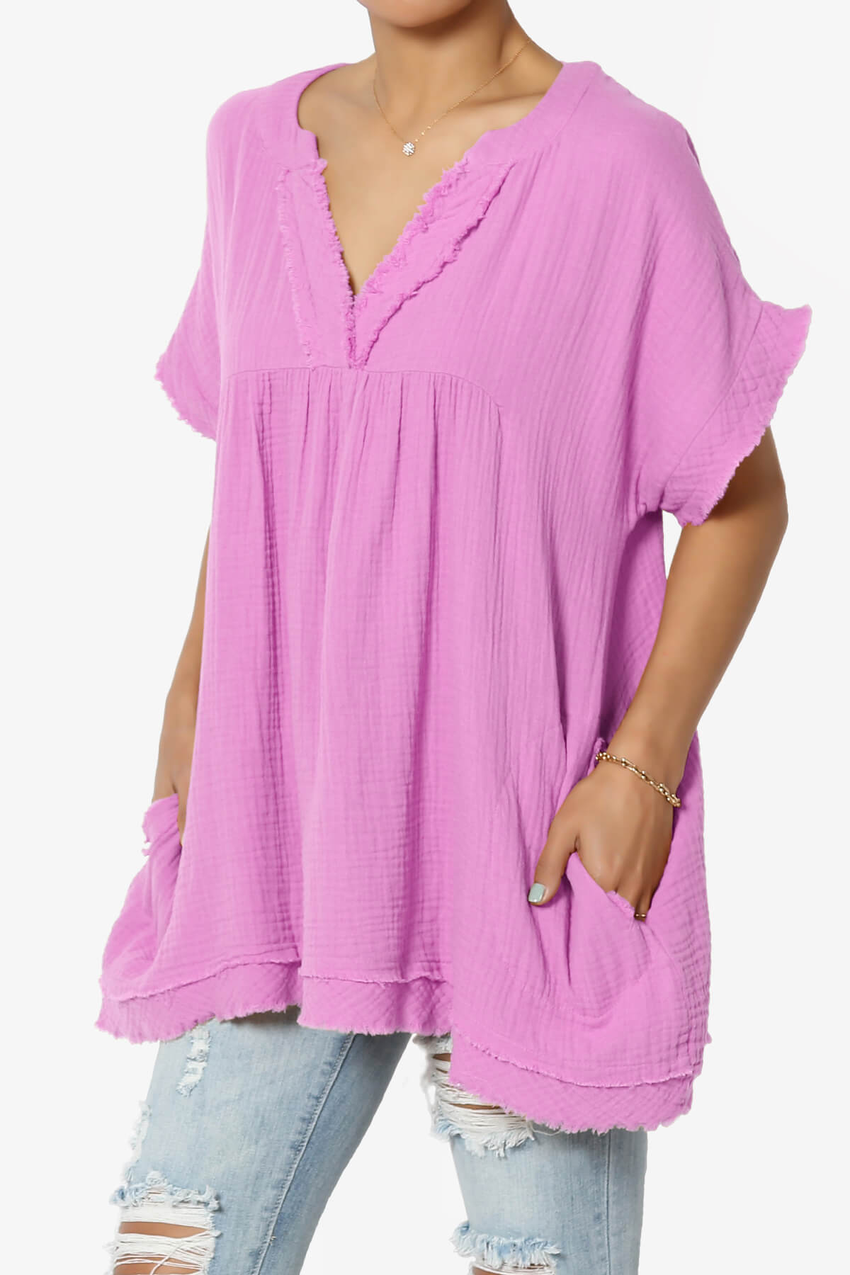 Milly Gauze V-Neck Babydoll Shirt Tunic BRIGHT MAUVE_3