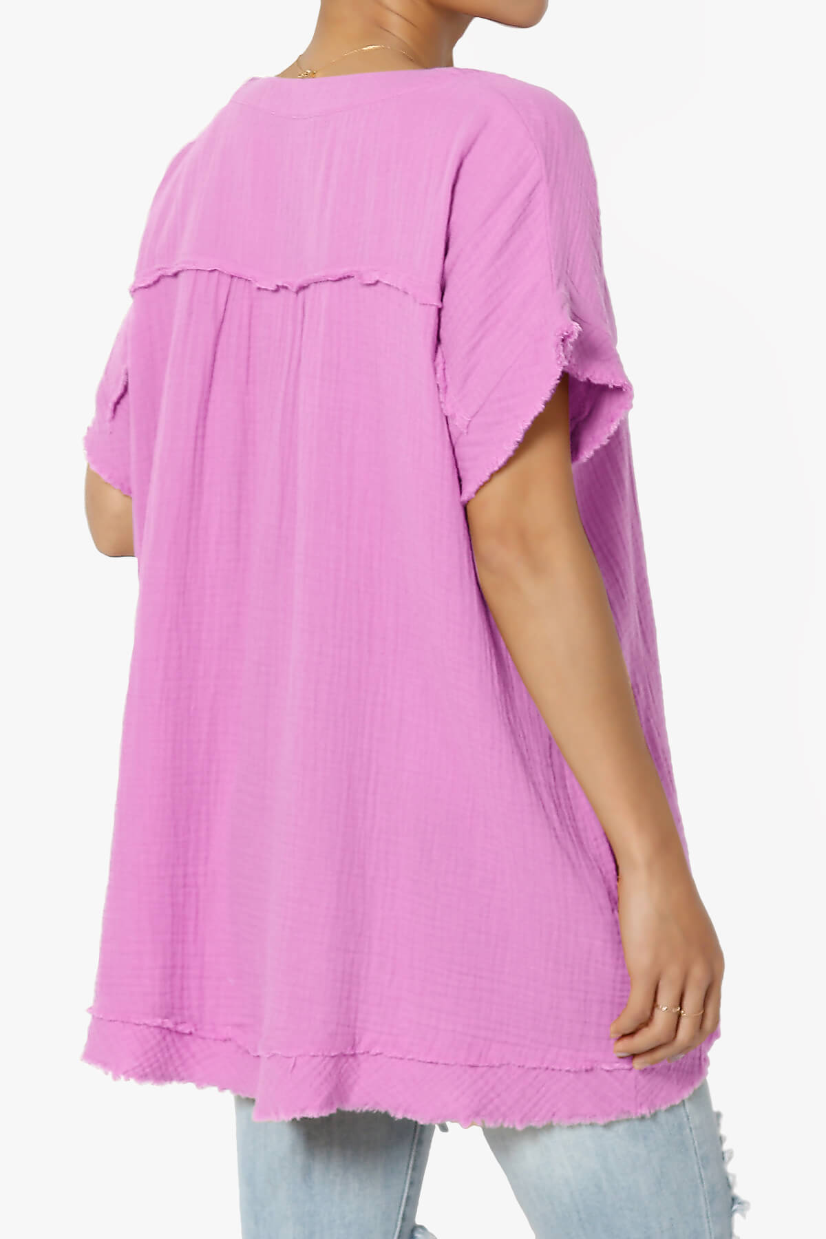 Milly Gauze V-Neck Babydoll Shirt Tunic BRIGHT MAUVE_4
