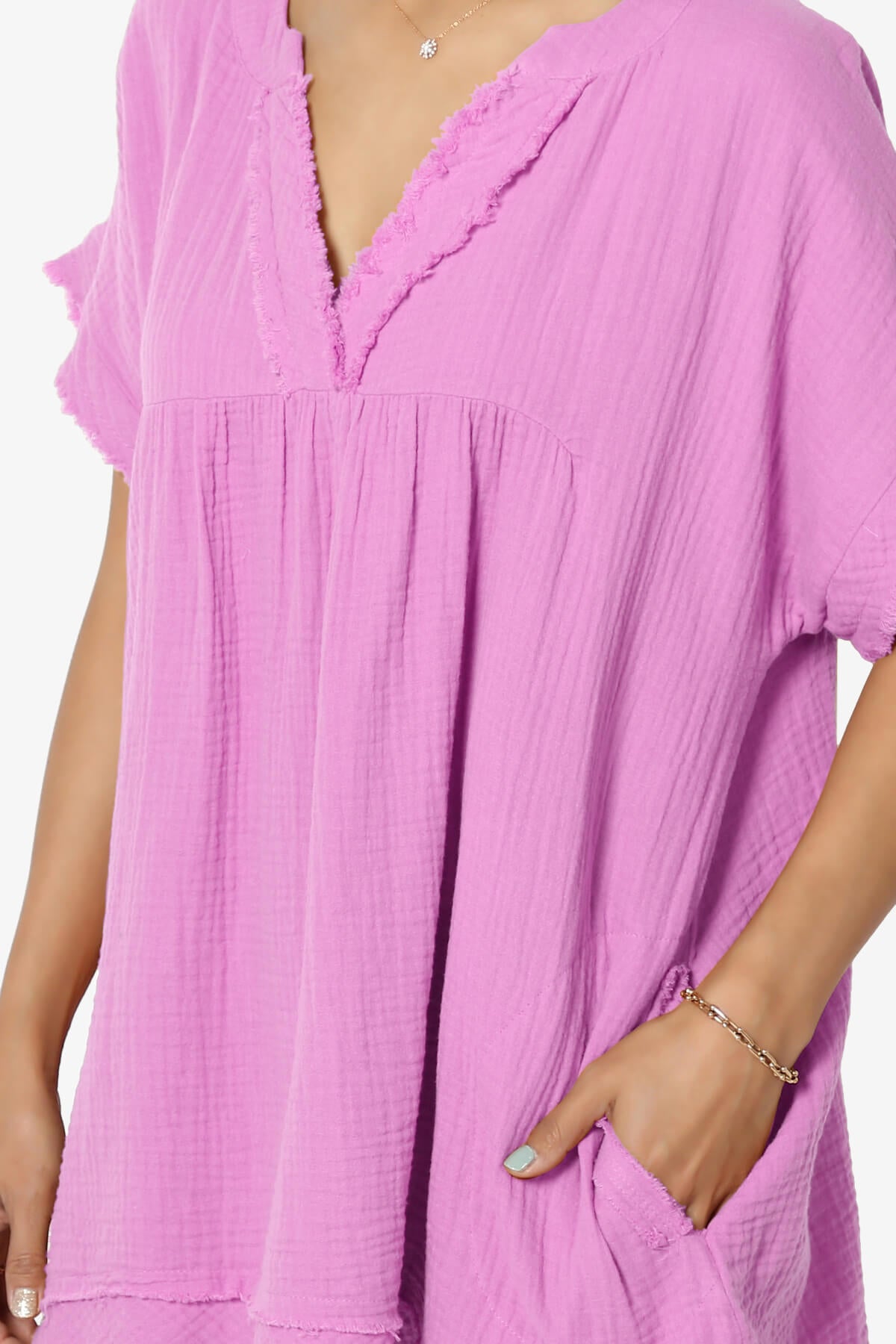 Milly Gauze V-Neck Babydoll Shirt Tunic BRIGHT MAUVE_5