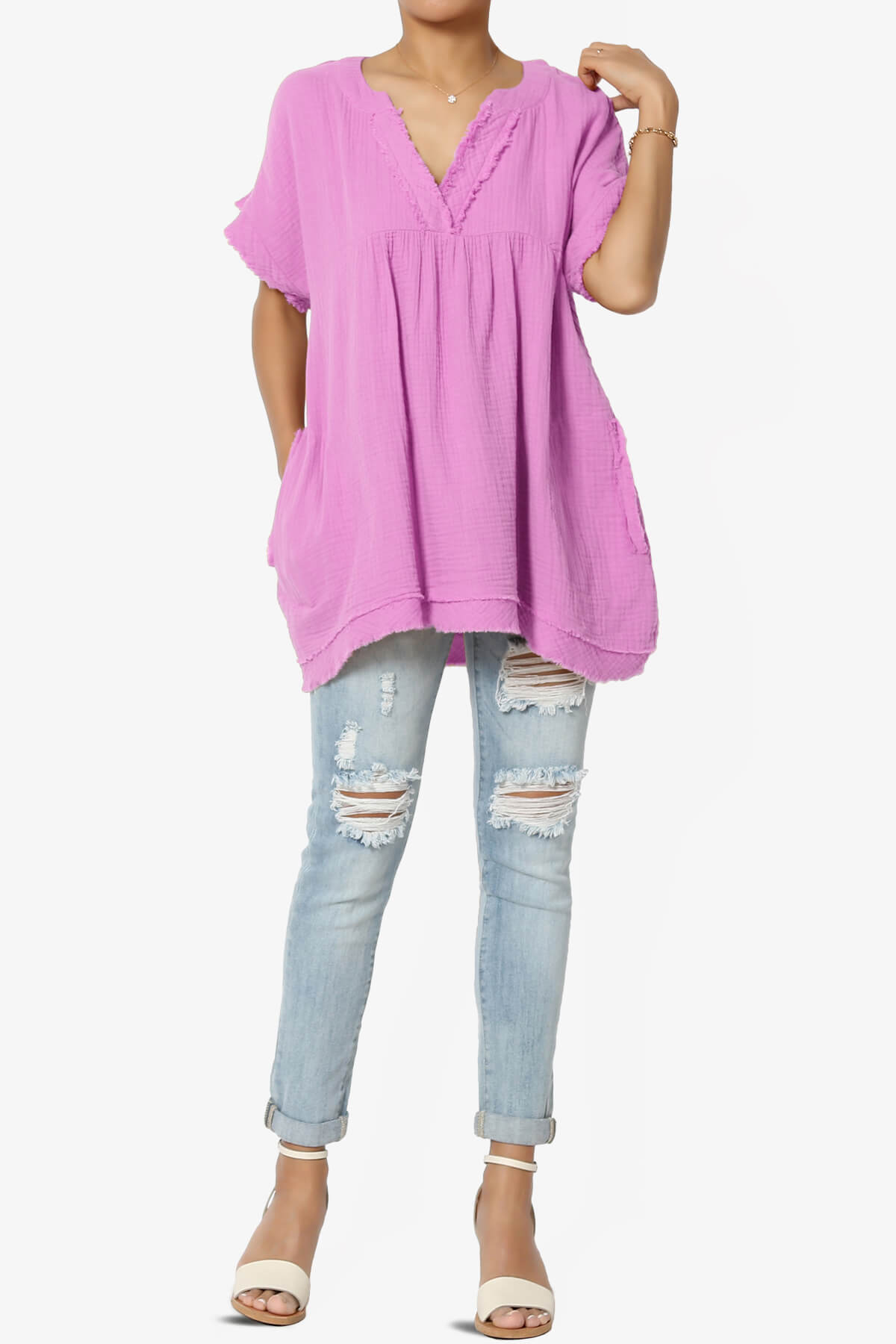 Milly Gauze V-Neck Babydoll Shirt Tunic BRIGHT MAUVE_6