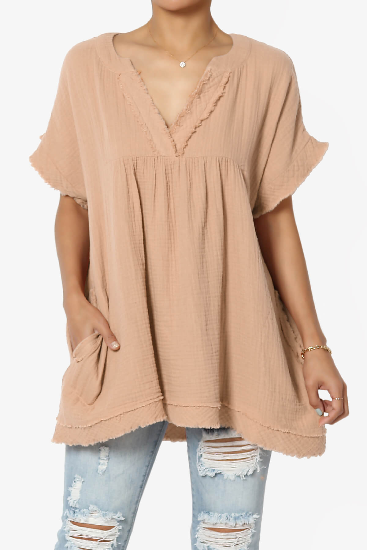 Milly Gauze V-Neck Babydoll Shirt Tunic BRUSH_1