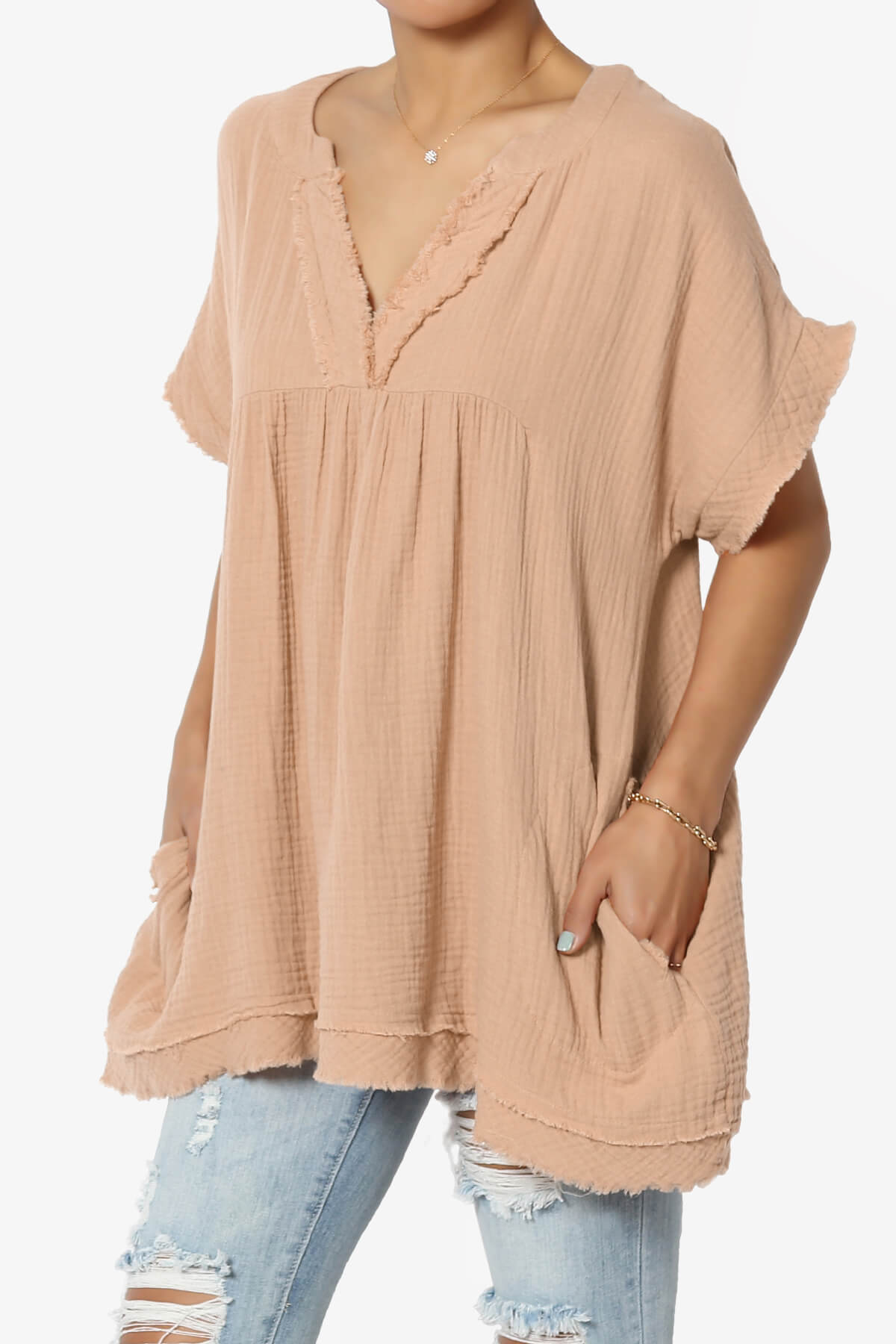 Milly Gauze V-Neck Babydoll Shirt Tunic BRUSH_3