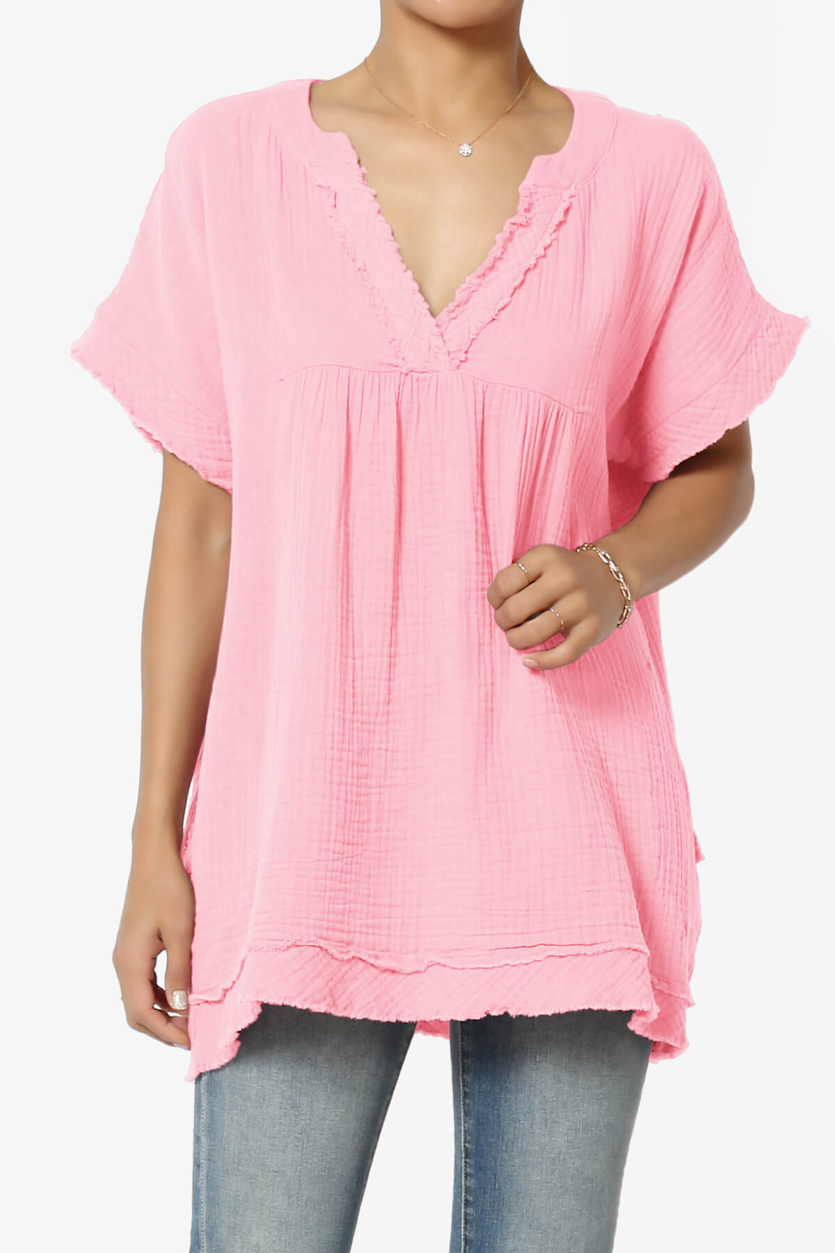 Milly Gauze V-Neck Babydoll Shirt Tunic DARK PINK_1