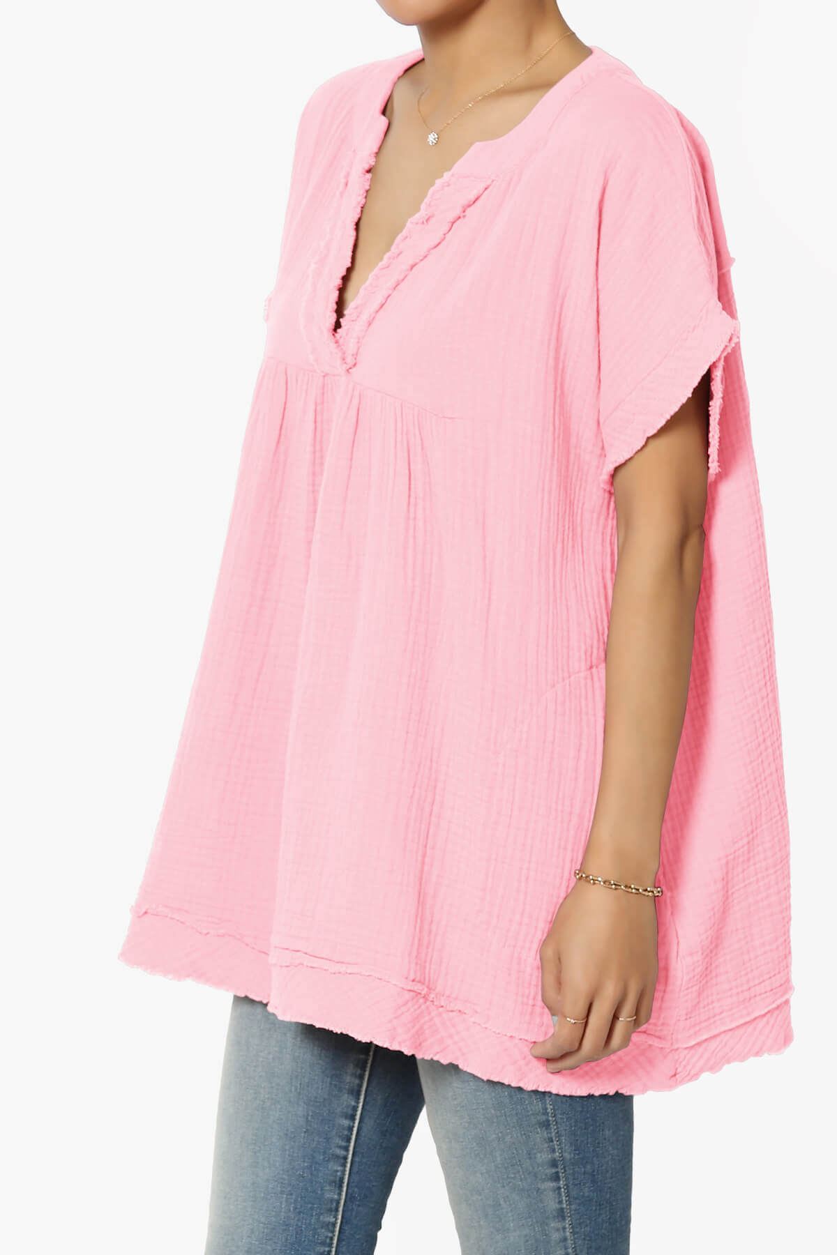 Milly Gauze V-Neck Babydoll Shirt Tunic DARK PINK_3