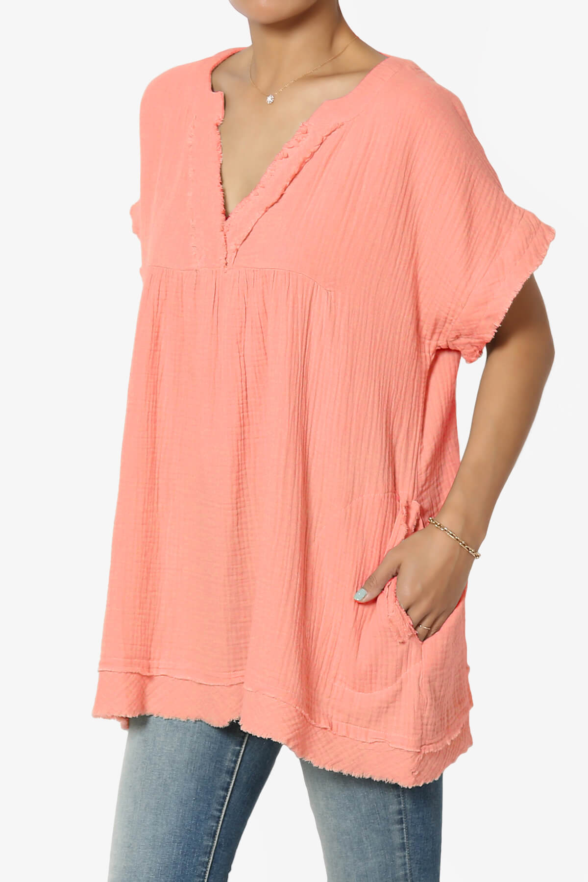 Milly Gauze V-Neck Babydoll Shirt Tunic DESERT FLOWER_3