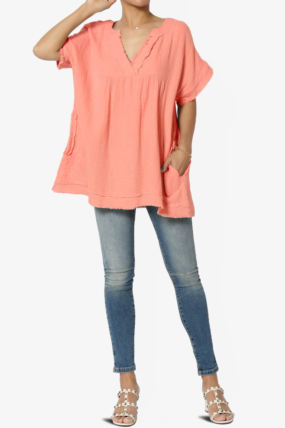 Milly Gauze V-Neck Babydoll Shirt Tunic DESERT FLOWER_6