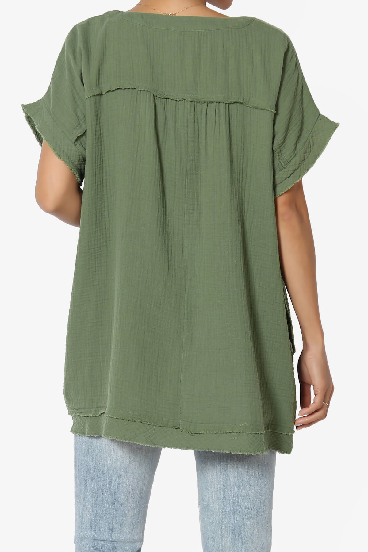 Milly Gauze V-Neck Babydoll Shirt Tunic DUSTY OLIVE_2