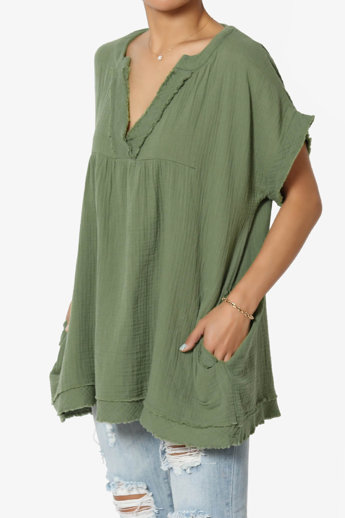 Milly Gauze V-Neck Babydoll Shirt Tunic DUSTY OLIVE_3