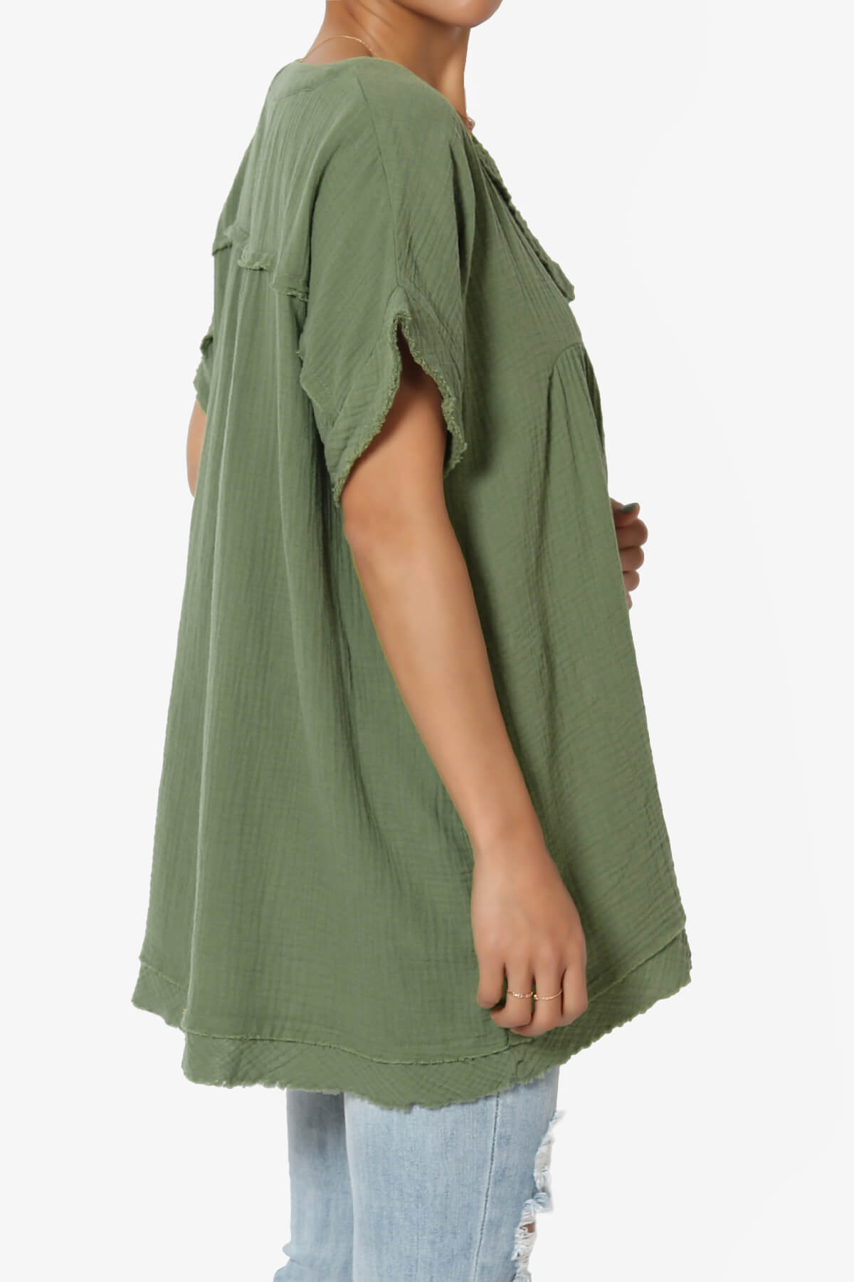 Milly Gauze V-Neck Babydoll Shirt Tunic DUSTY OLIVE_4