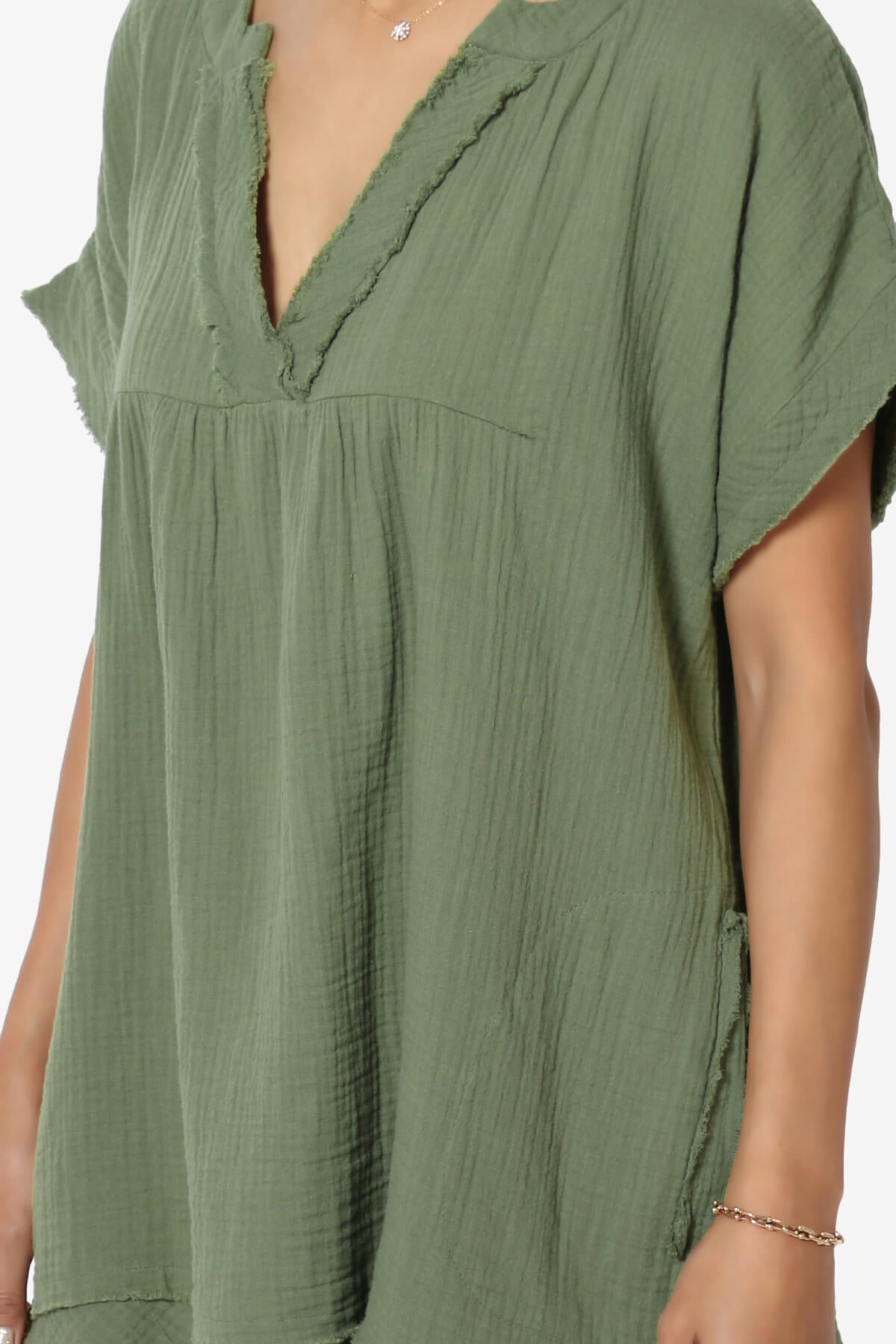 Milly Gauze V-Neck Babydoll Shirt Tunic DUSTY OLIVE_5