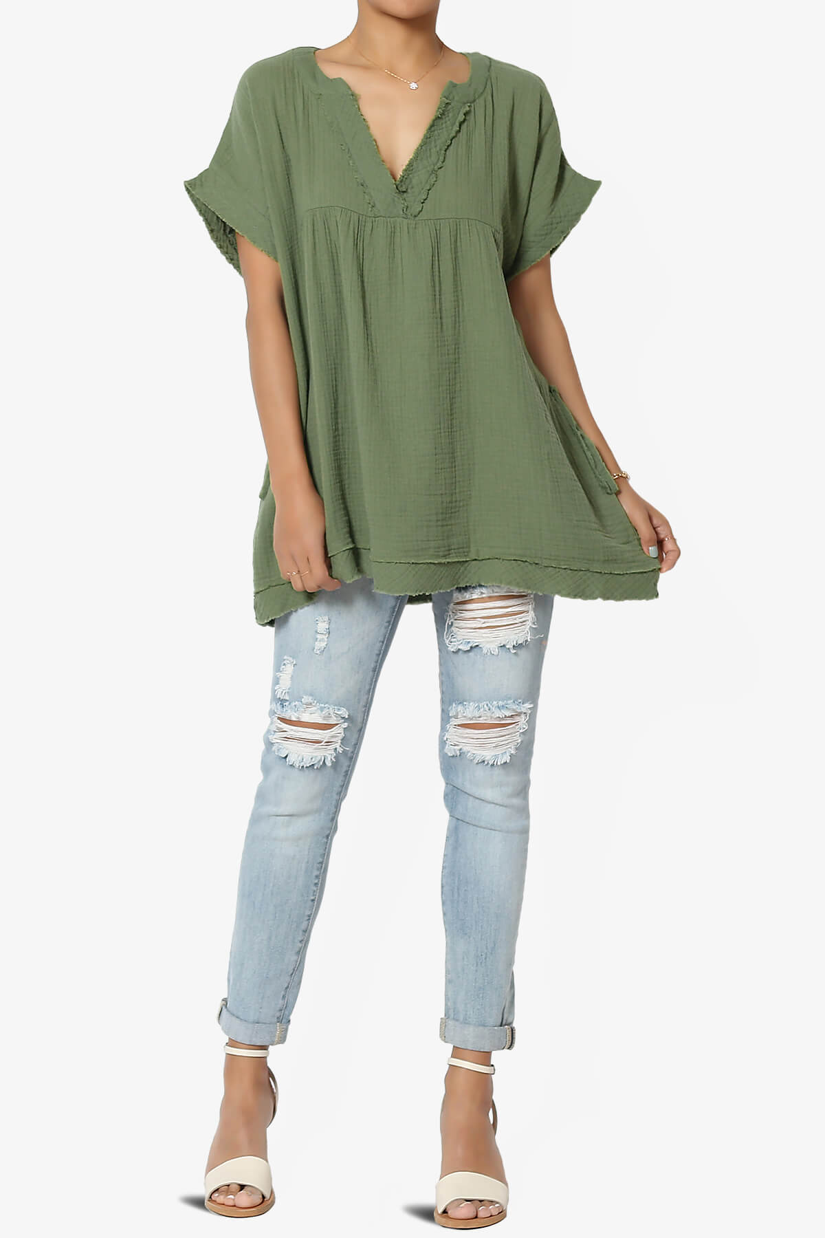 Milly Gauze V-Neck Babydoll Shirt Tunic DUSTY OLIVE_6